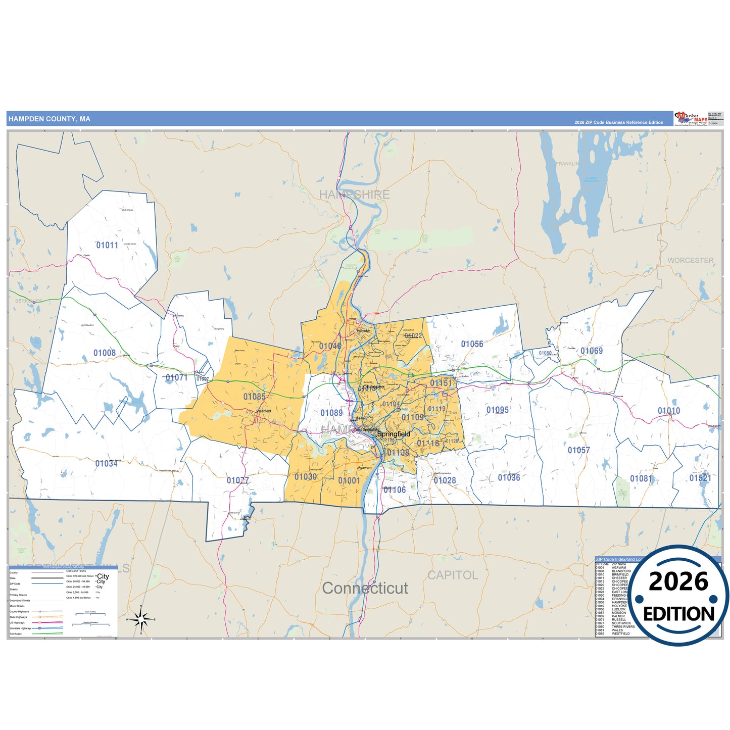 Hampden County, MA Business Reference 5 Digit ZIP Code Wall Map