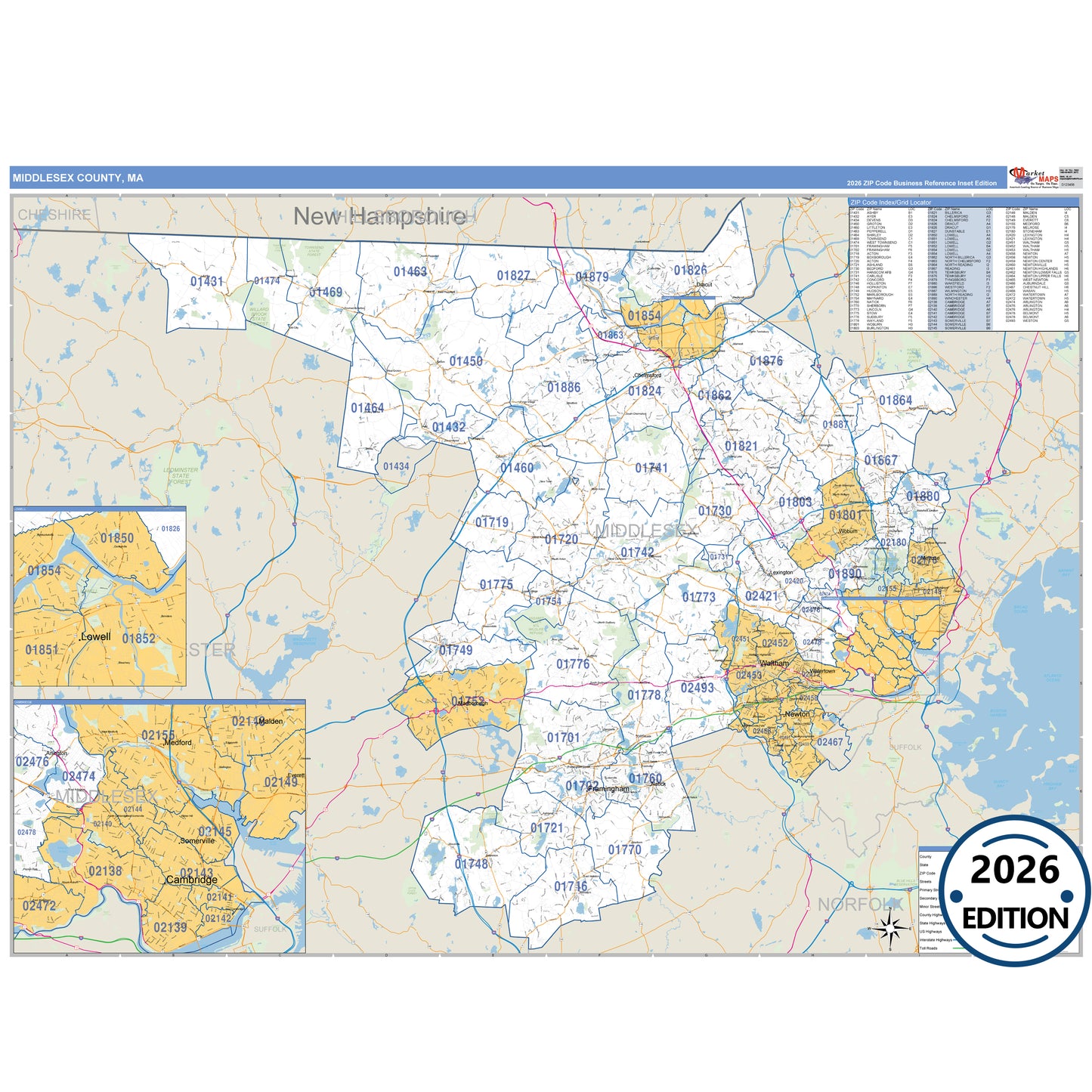 Middlesex County, MA Business Reference 5 Digit ZIP Code Wall Map