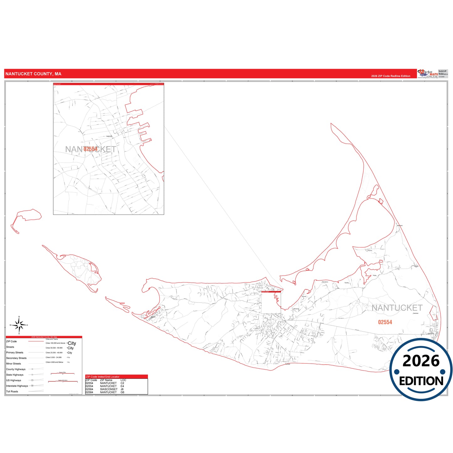 Nantucket County, MA Red Line 5 Digit ZIP Code Wall Map