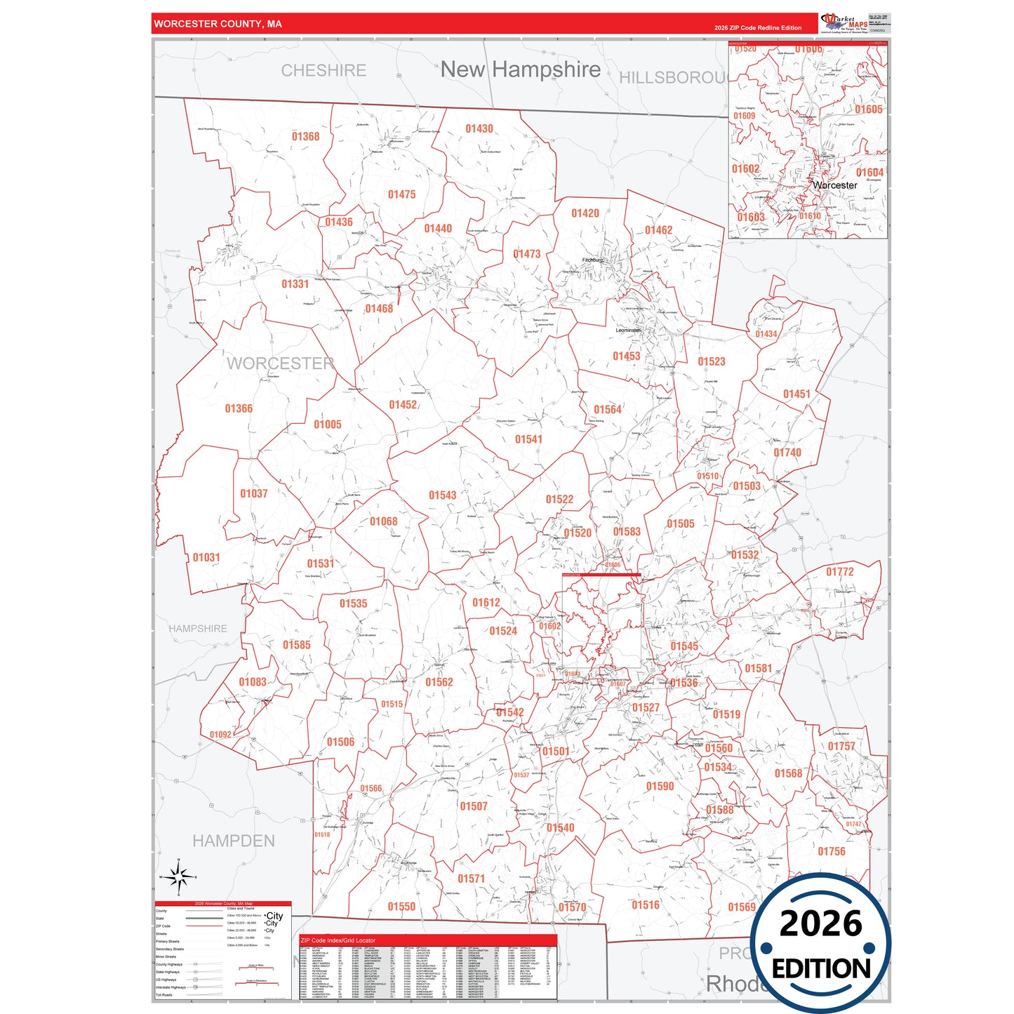 Worcester County, MA Red Line 5 Digit ZIP Code Wall Map