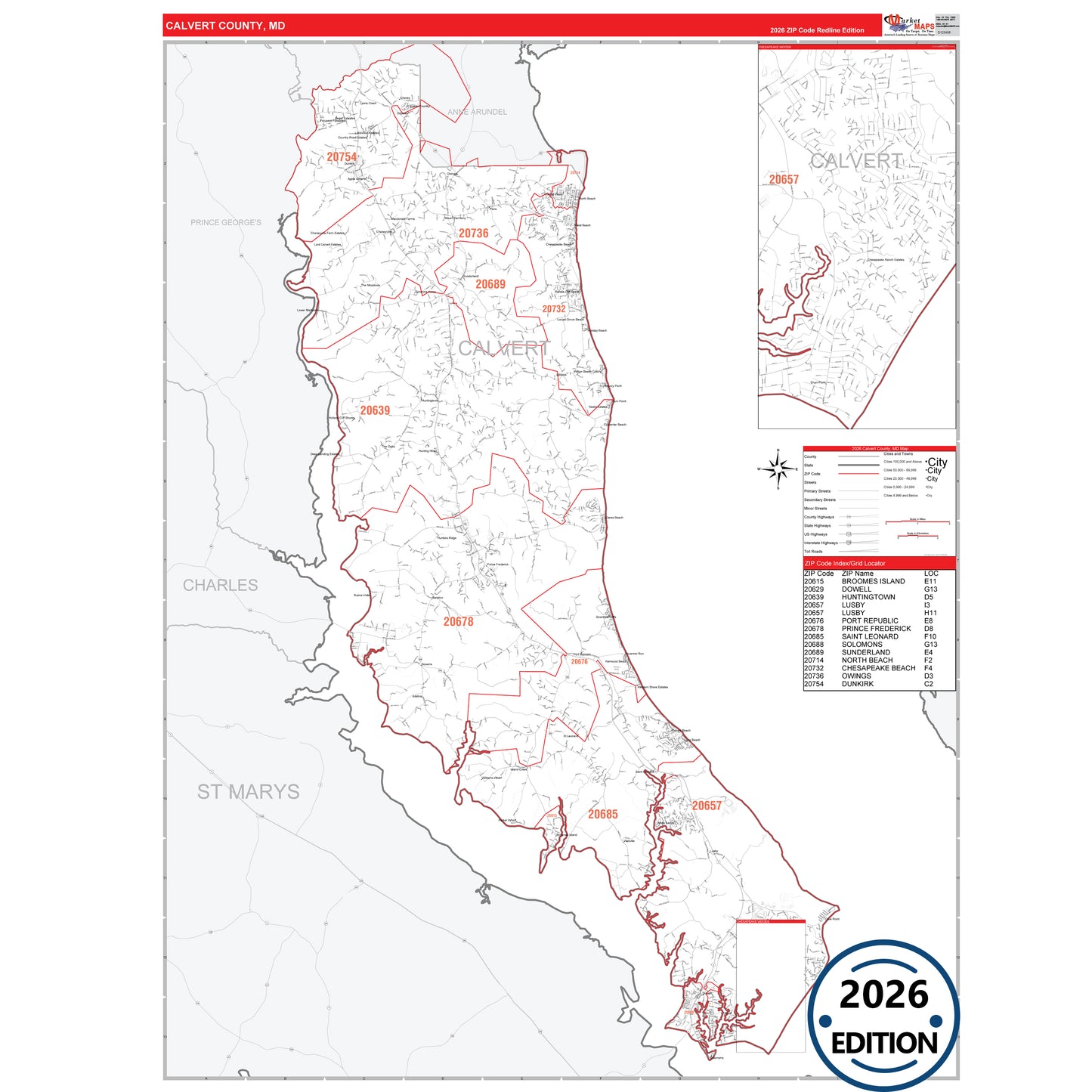 Calvert County, MD Red Line 5 Digit ZIP Code Wall Map