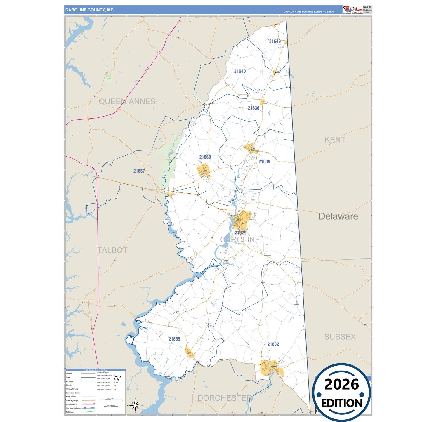 Caroline County, MD Business Reference 5 Digit ZIP Code Wall Map