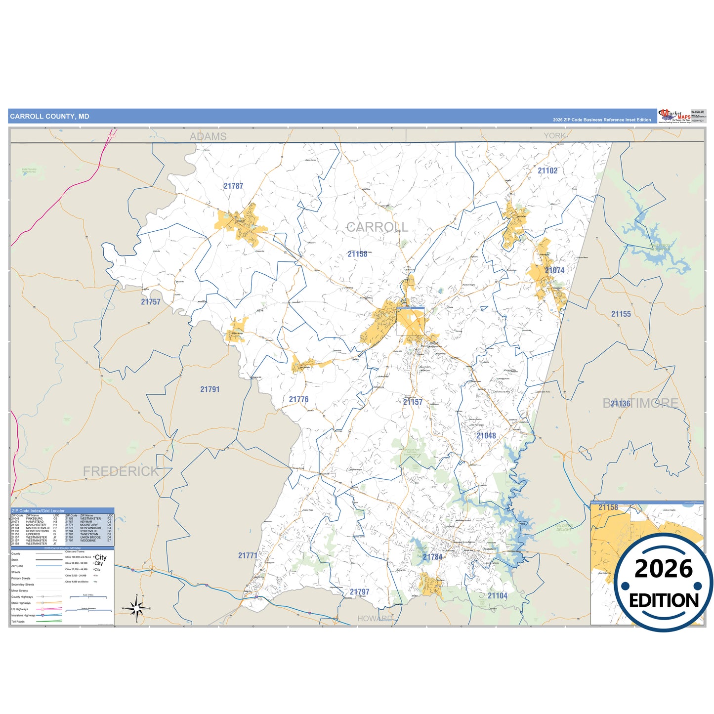 Carroll County, MD Business Reference 5 Digit ZIP Code Wall Map