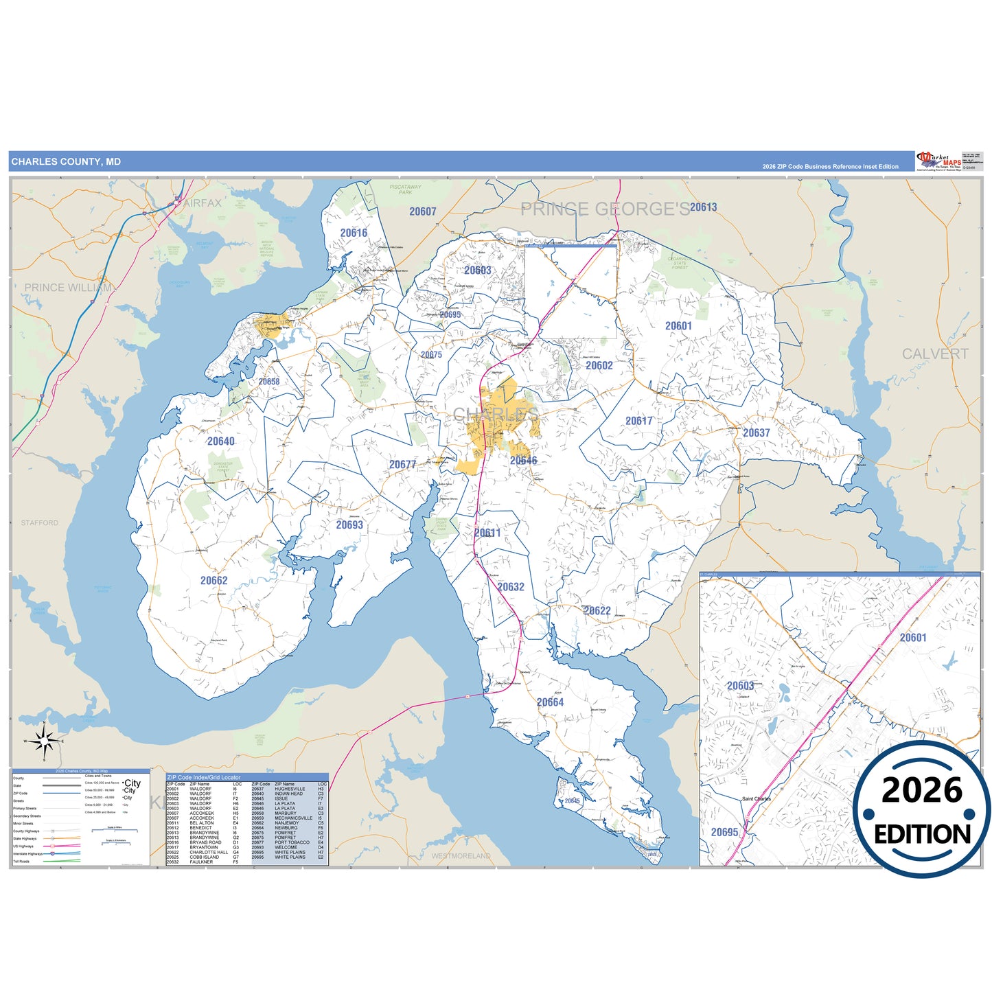Charles County, MD Business Reference 5 Digit ZIP Code Wall Map