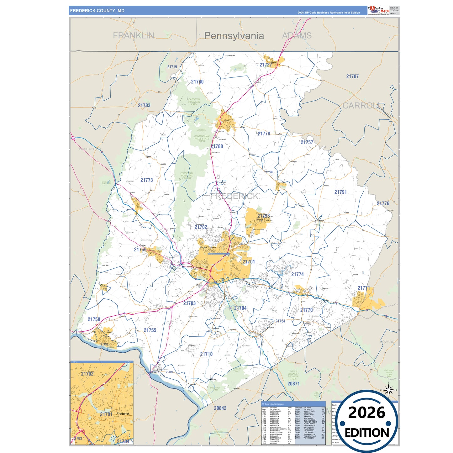 Frederick County, MD Business Reference map with detailed roads, cities, and ZIP code boundaries.
