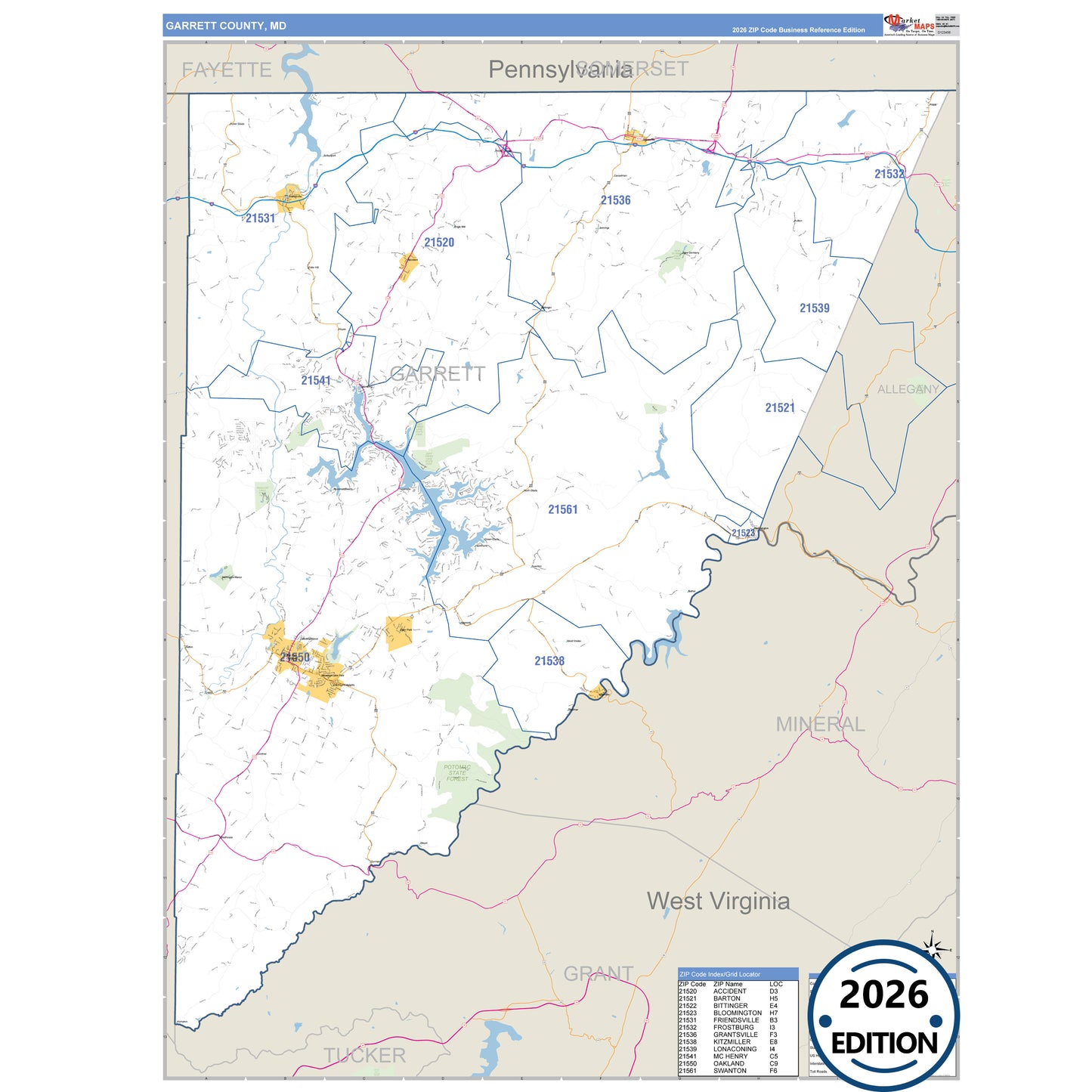 Garrett County, MD Business Reference 5 Digit ZIP Code Wall Map