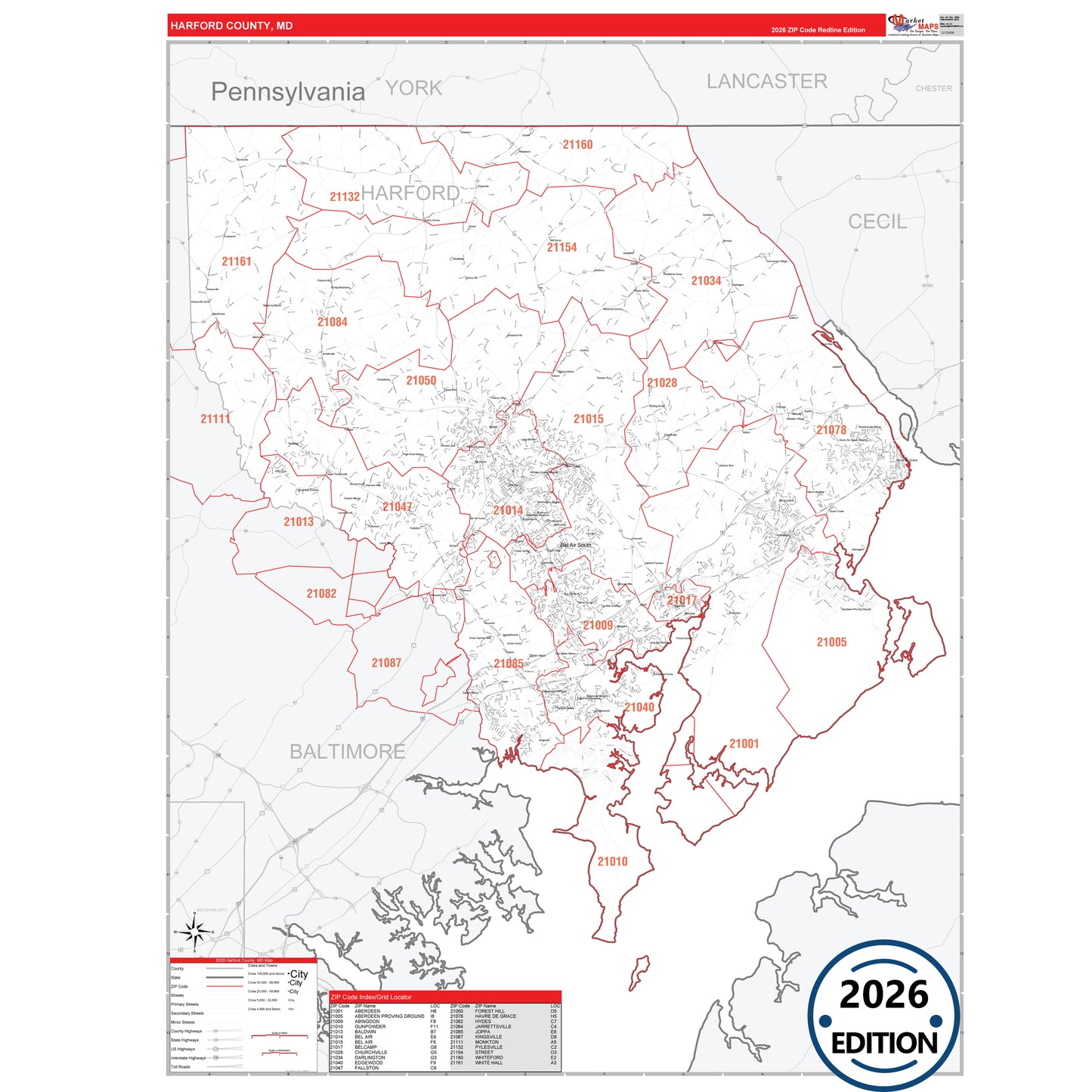 Harford County, MD Red Line 5 Digit ZIP Code Wall Map