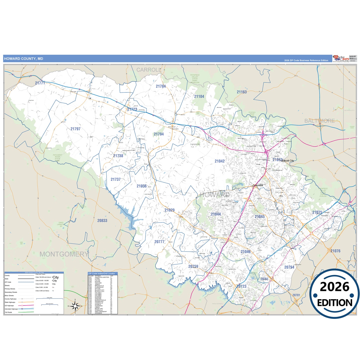 Howard County, MD Business Reference 5 Digit ZIP Code Wall Map
