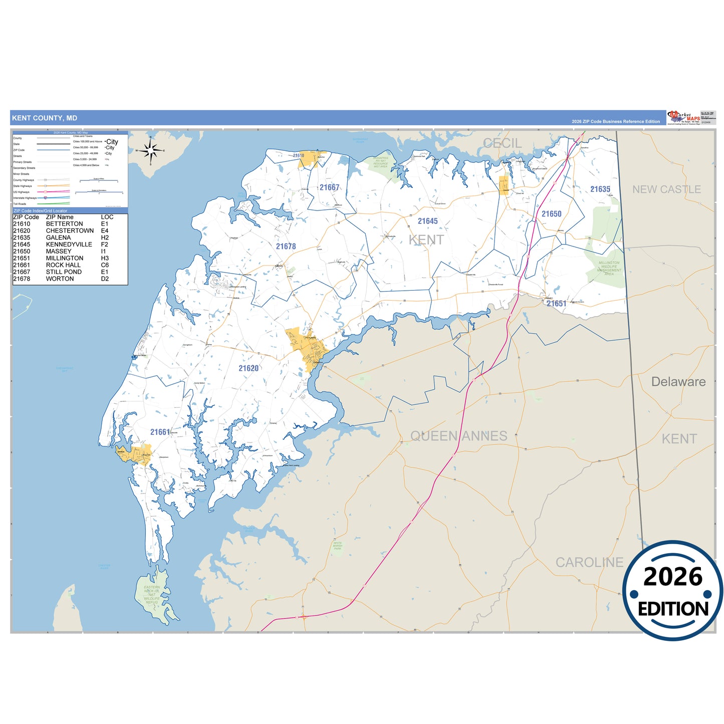 Kent County, MD Business Reference 5 Digit ZIP Code Wall Map