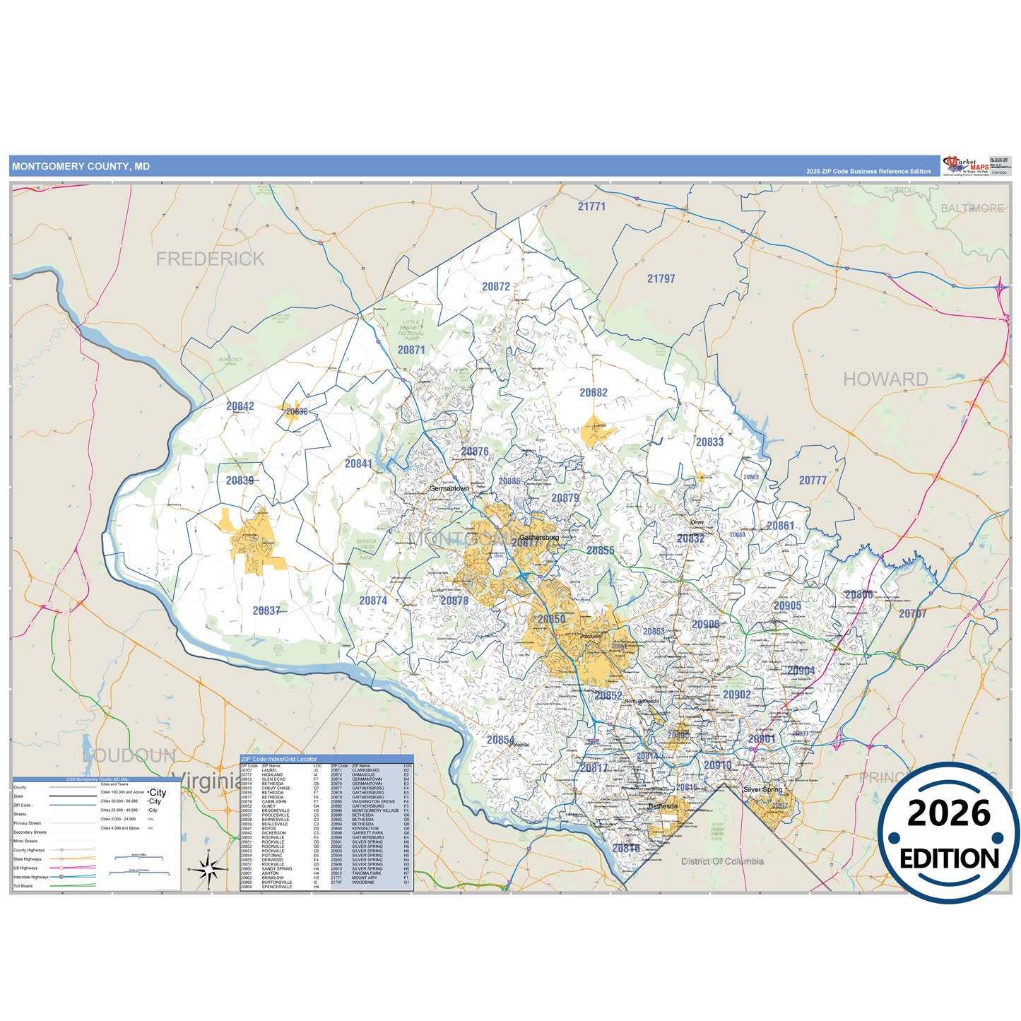 Montgomery County, MD Business Reference 5 Digit ZIP Code Wall Map