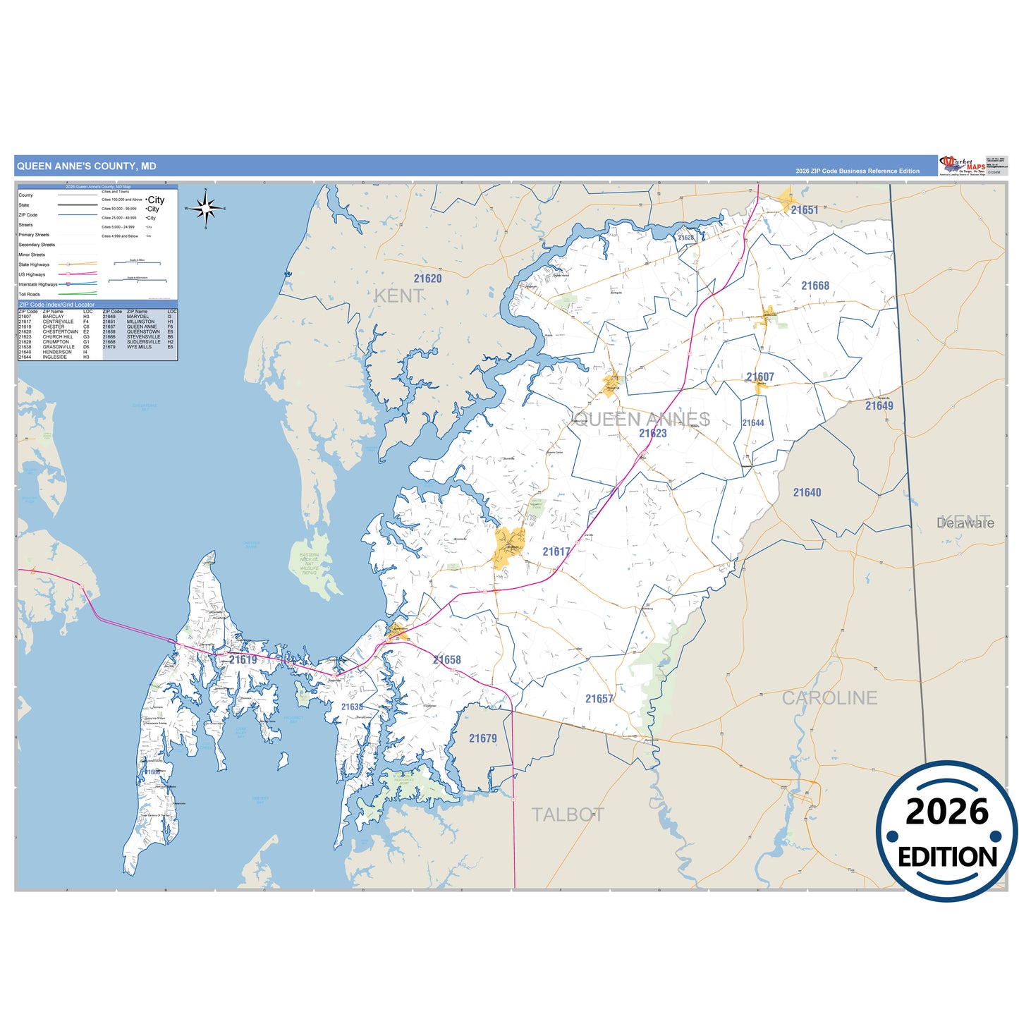 Queen Anne's County, MD Business Reference 5 Digit ZIP Code Wall Map