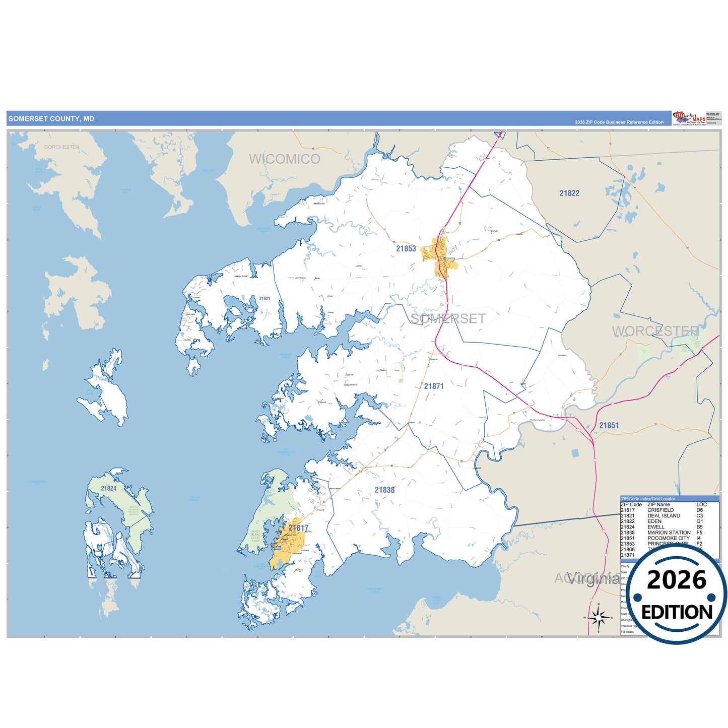 Somerset County, MD Business Reference 5 Digit ZIP Code Wall Map