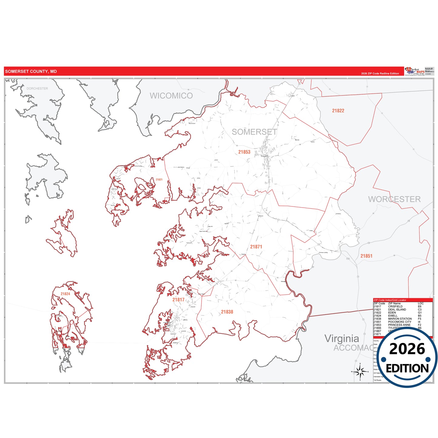 Somerset County, MD Red Line 5 Digit ZIP Code Wall Map