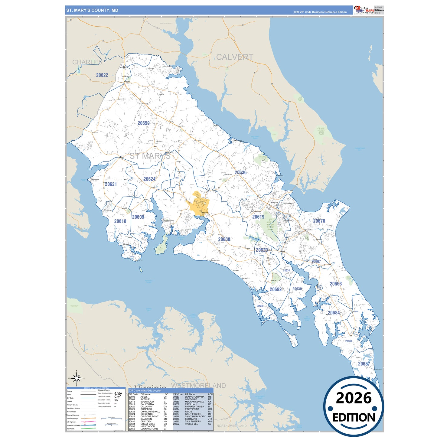 St. Mary's County, MD Business Reference 5 Digit ZIP Code Wall Map