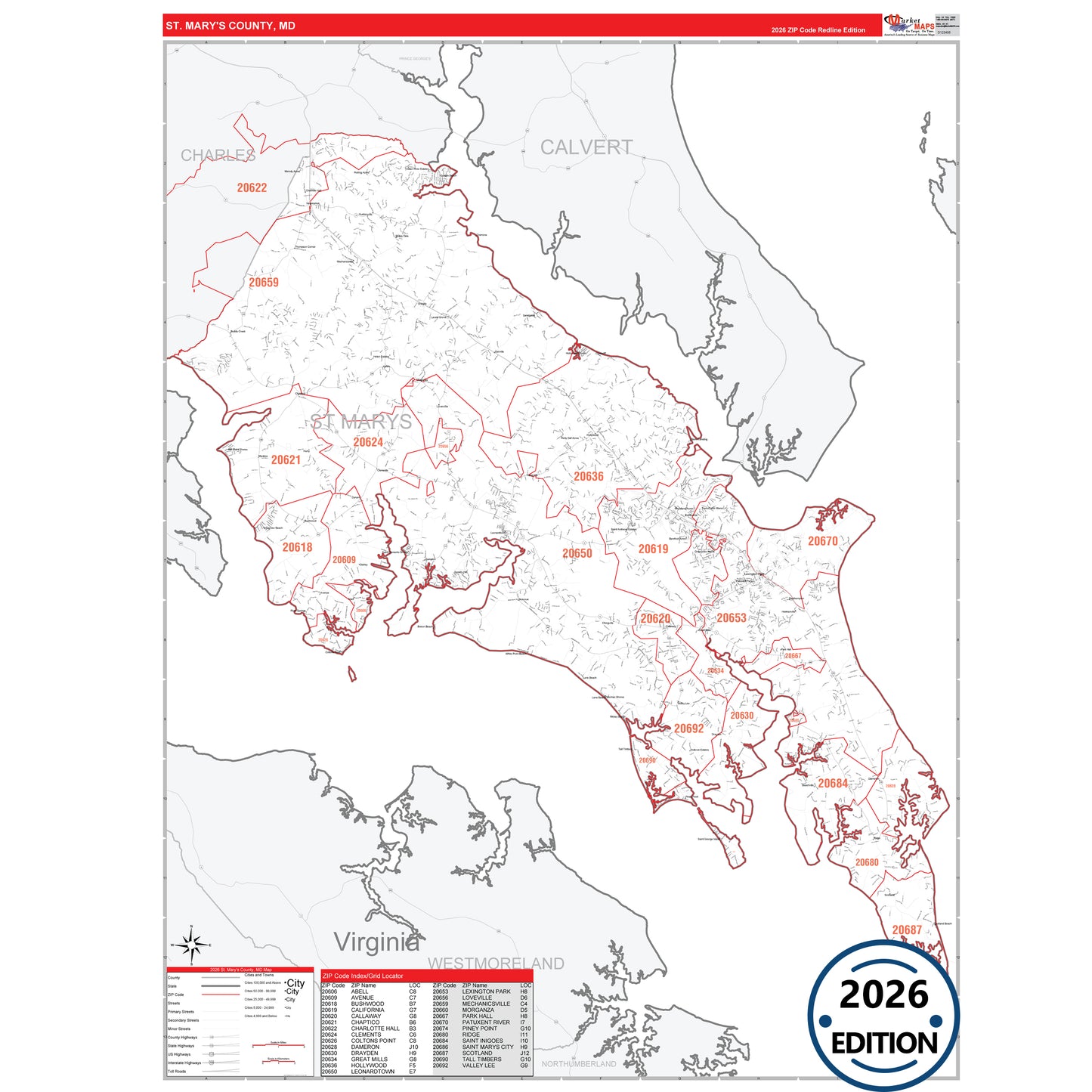 St. Mary's County, MD Red Line 5 Digit ZIP Code Wall Map