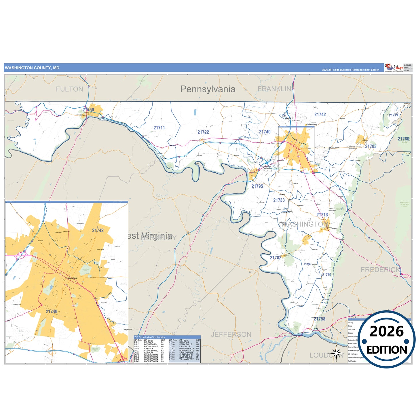 Washington County, MD Business Reference 5 Digit ZIP Code Wall Map