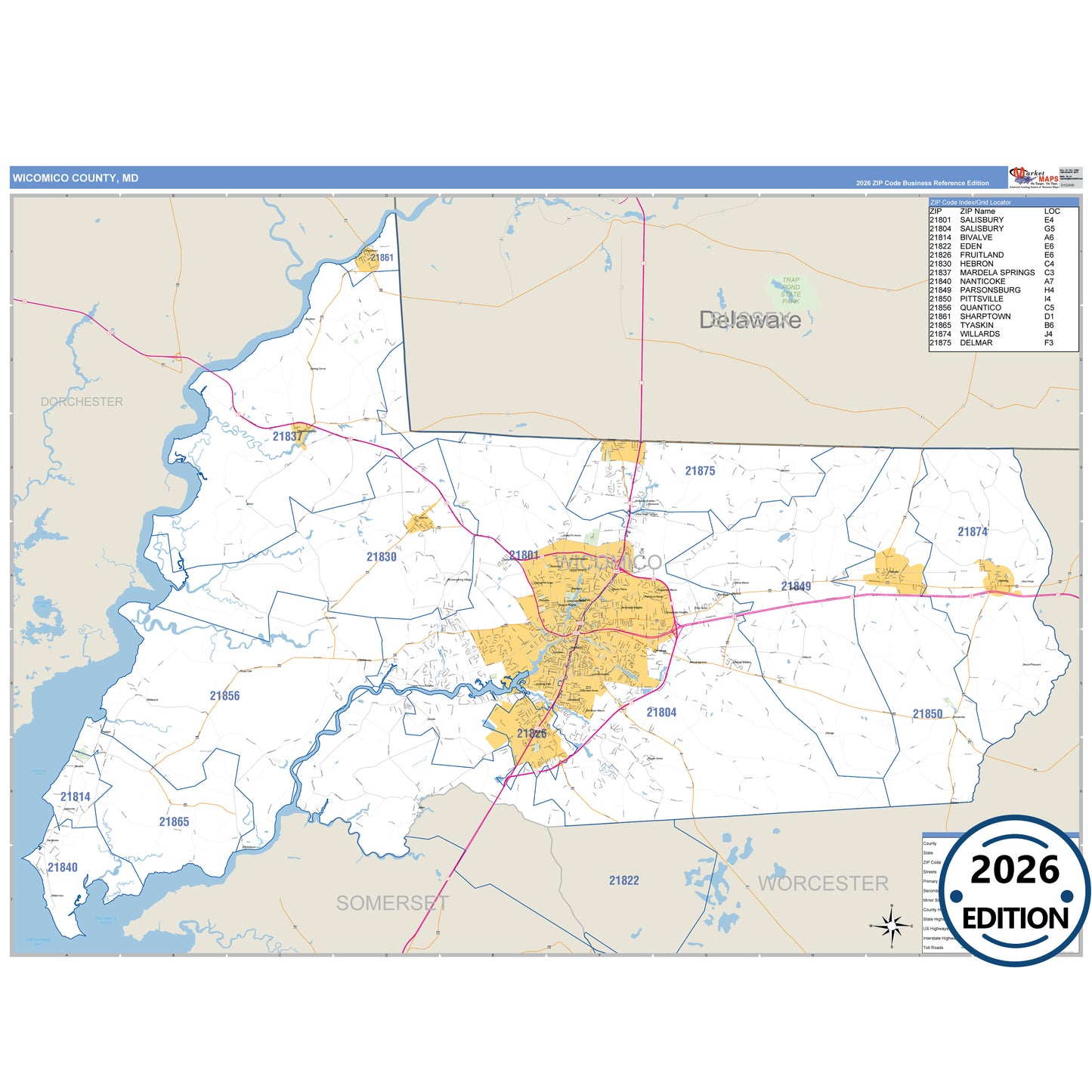 Wicomico County, MD Business Reference 5 Digit ZIP Code Wall Map