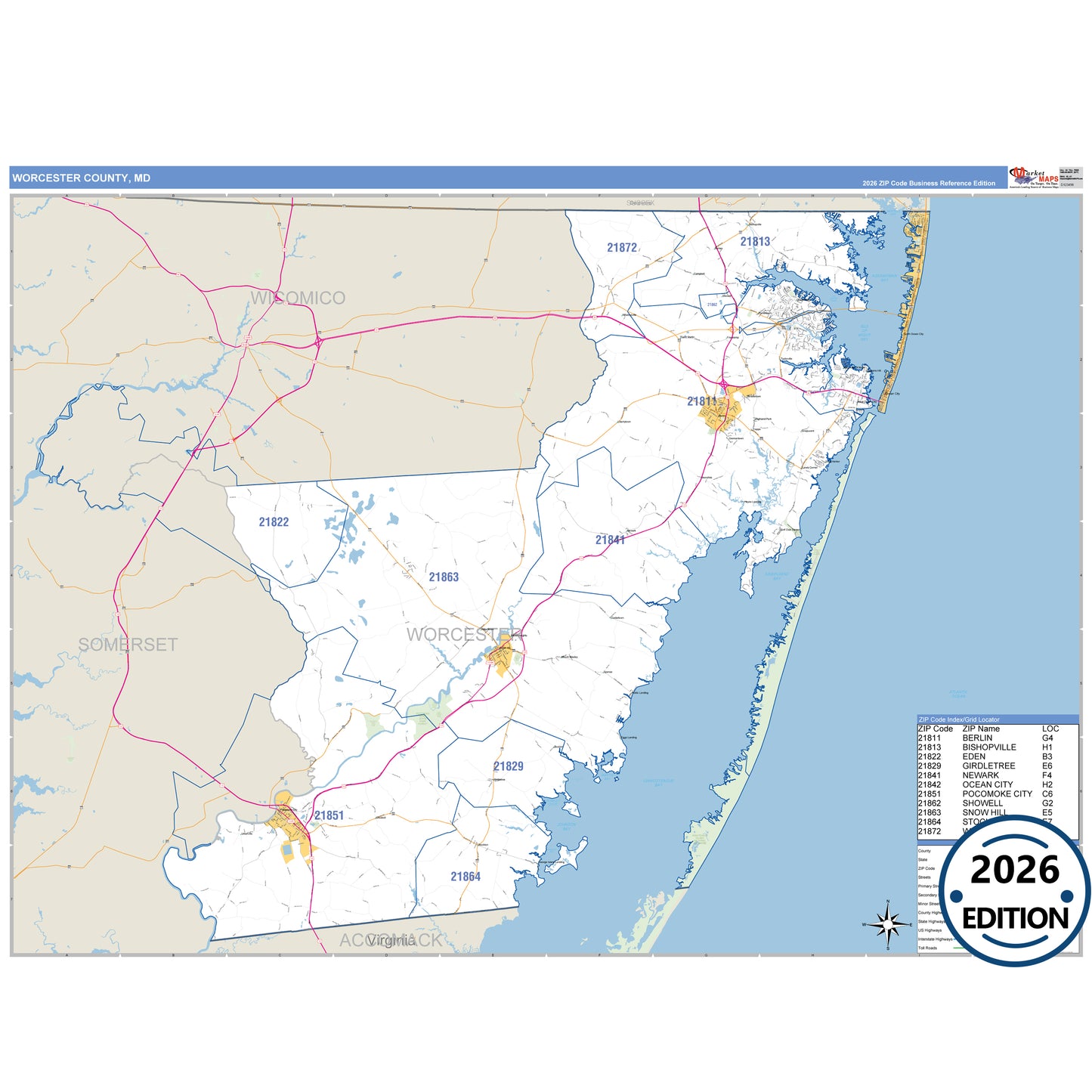 Worcester County, MD Business Reference 5 Digit ZIP Code Wall Map