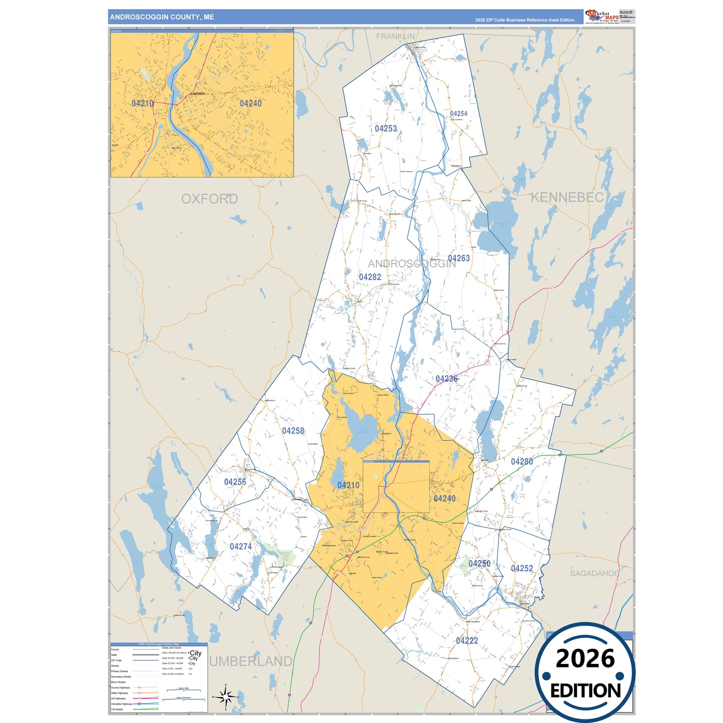 Androscoggin County, ME Business Reference 5 Digit ZIP Code Wall Map