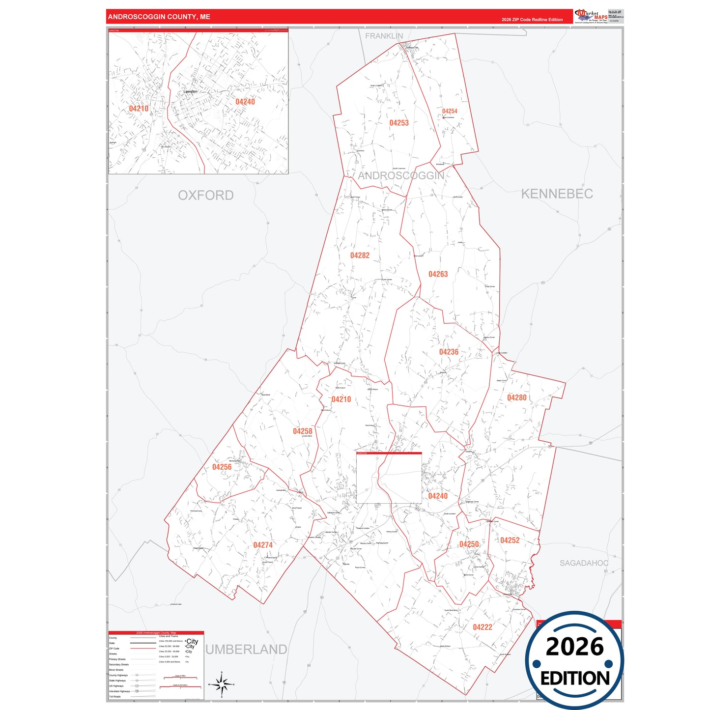 Androscoggin County, ME Red Line 5 Digit ZIP Code Wall Map