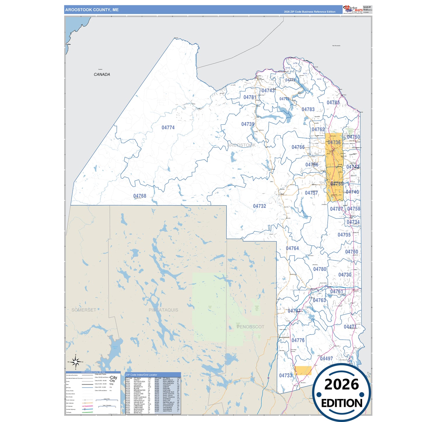 Aroostook County, ME Business Reference 5 Digit ZIP Code Wall Map