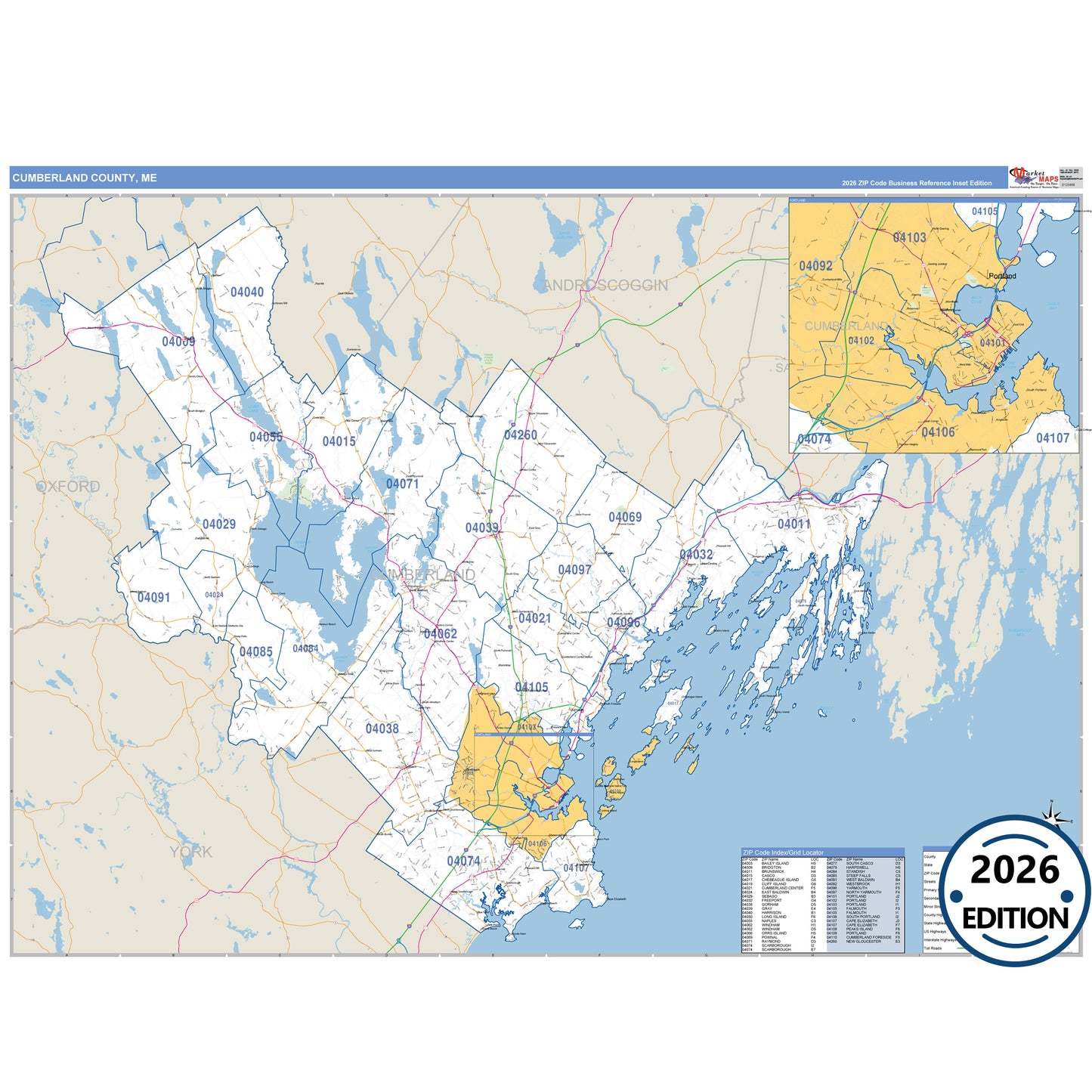 Cumberland County, ME Business Reference 5 Digit ZIP Code Wall Map