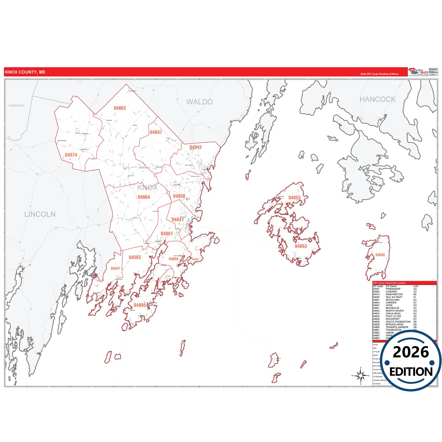 Knox County, ME Red Line 5 Digit ZIP Code Wall Map