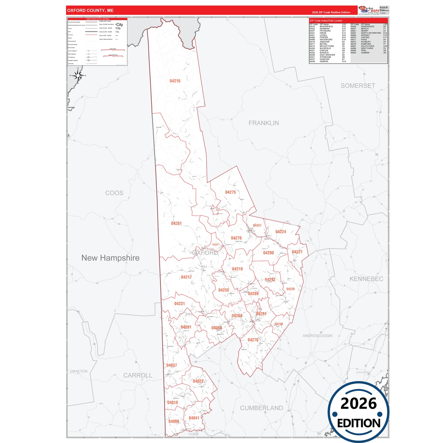 Oxford County, ME Red Line 5 Digit ZIP Code Wall Map