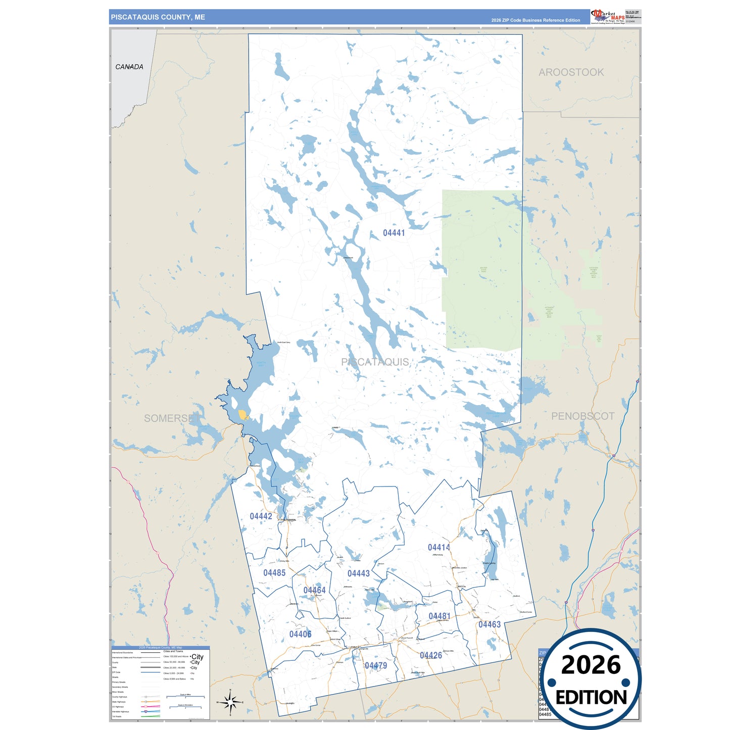 Piscataquis County, ME Business Reference 5 Digit ZIP Code Wall Map