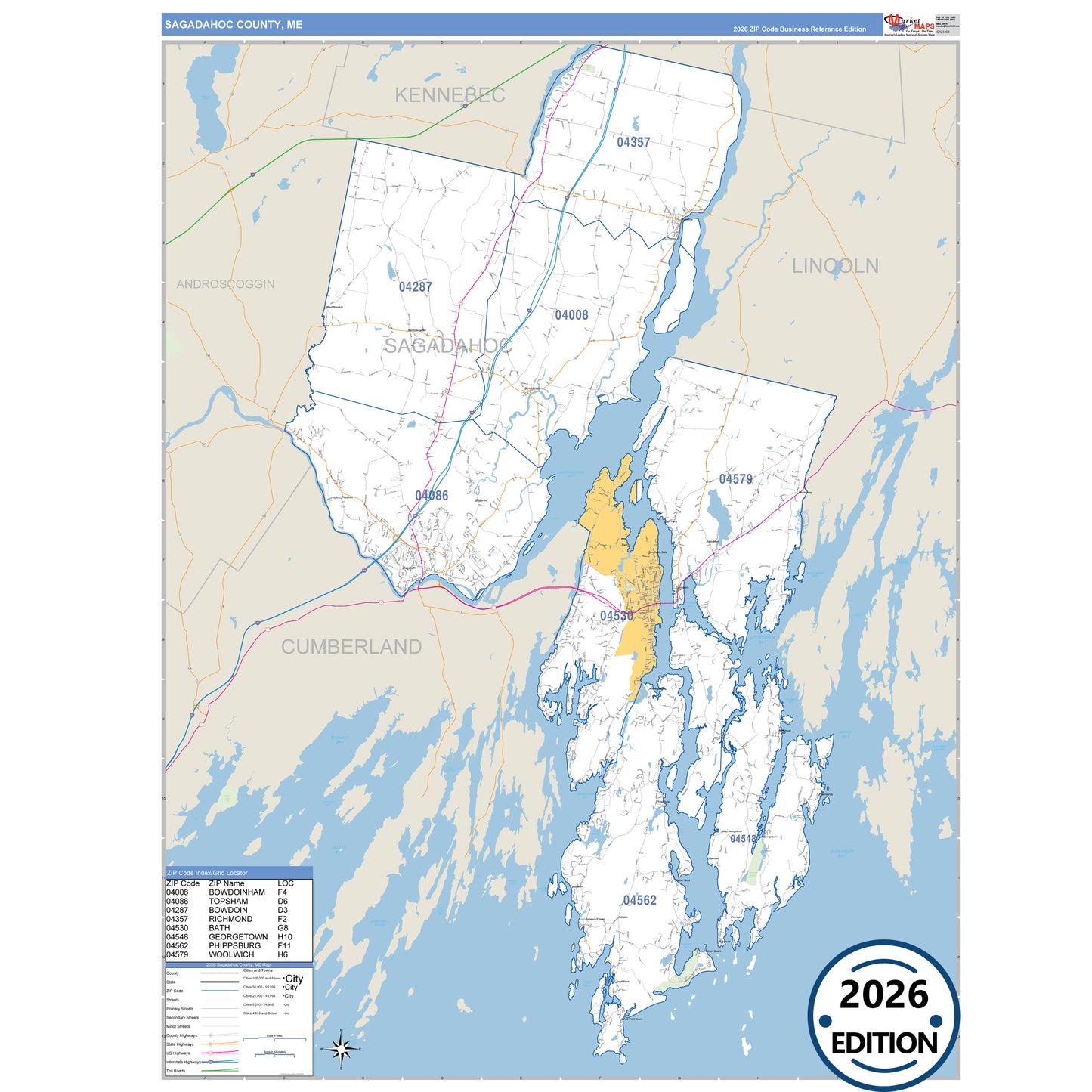 Sagadahoc County, ME Business Reference 5 Digit ZIP Code Wall Map