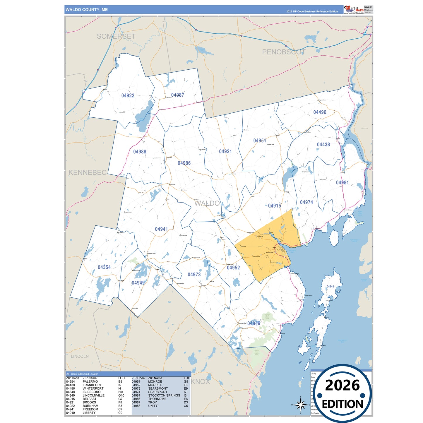 Waldo County, ME Business Reference 5 Digit ZIP Code Wall Map