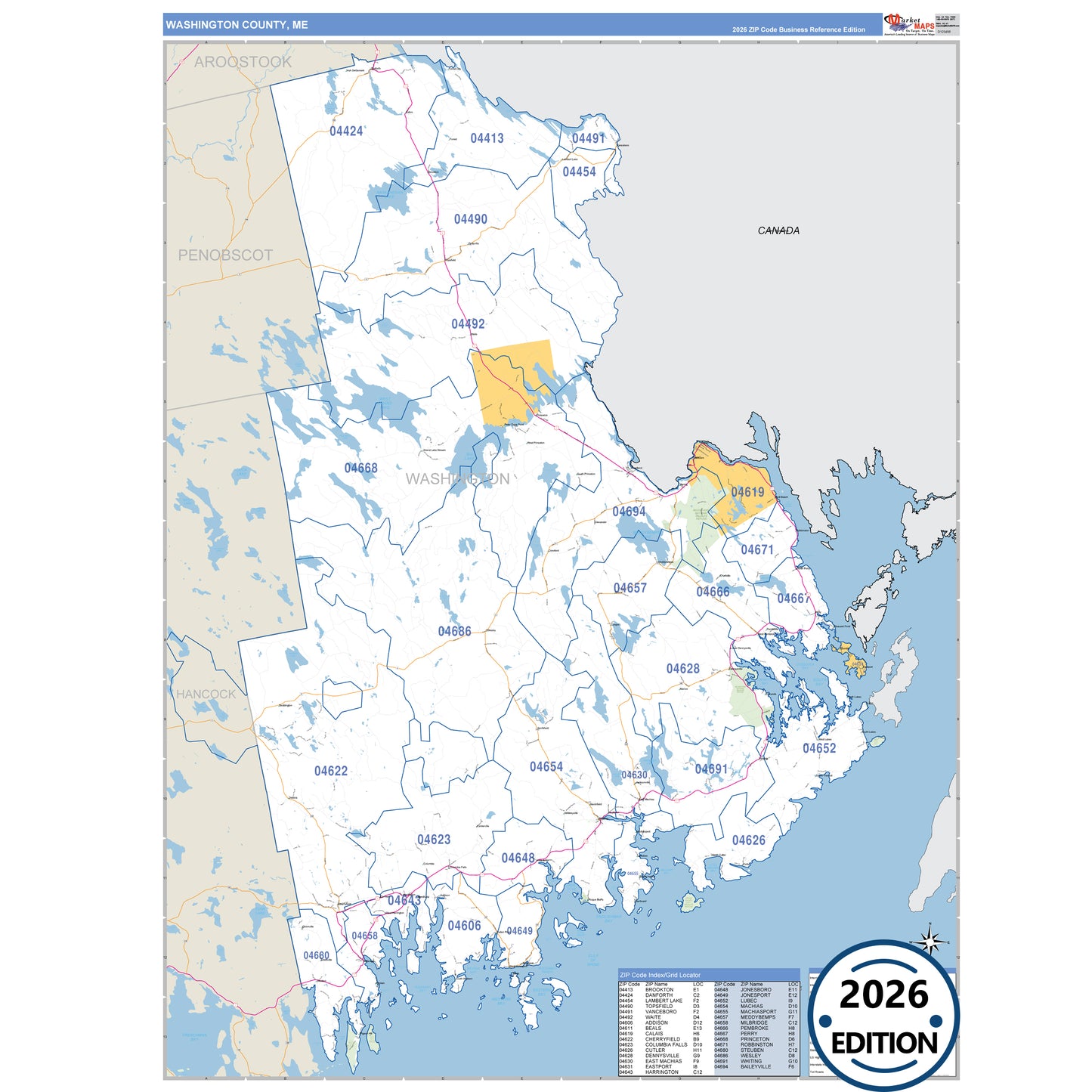 Washington County, ME Business Reference 5 Digit ZIP Code Wall Map
