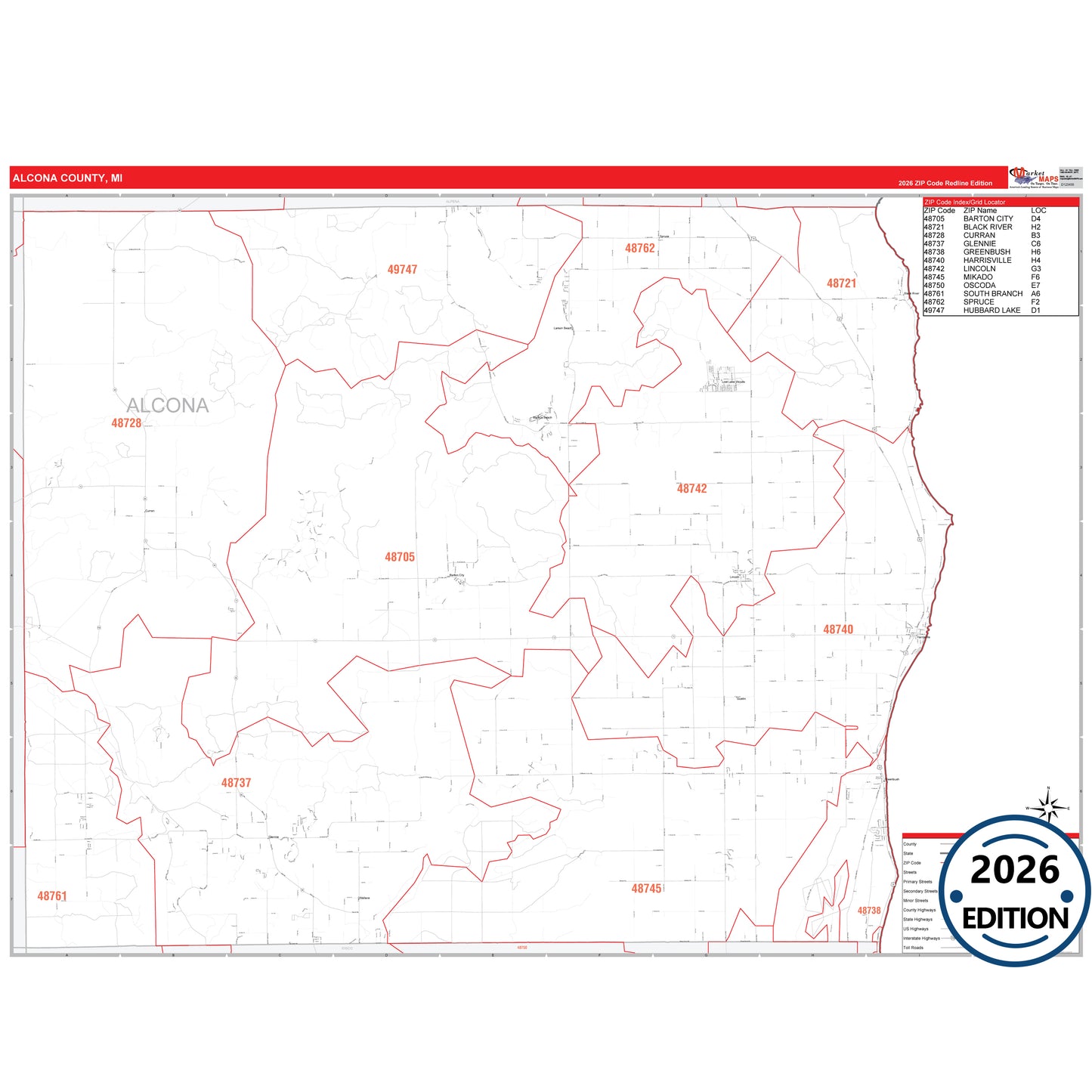 Alcona County, MI Red Line 5 Digit ZIP Code Wall Map