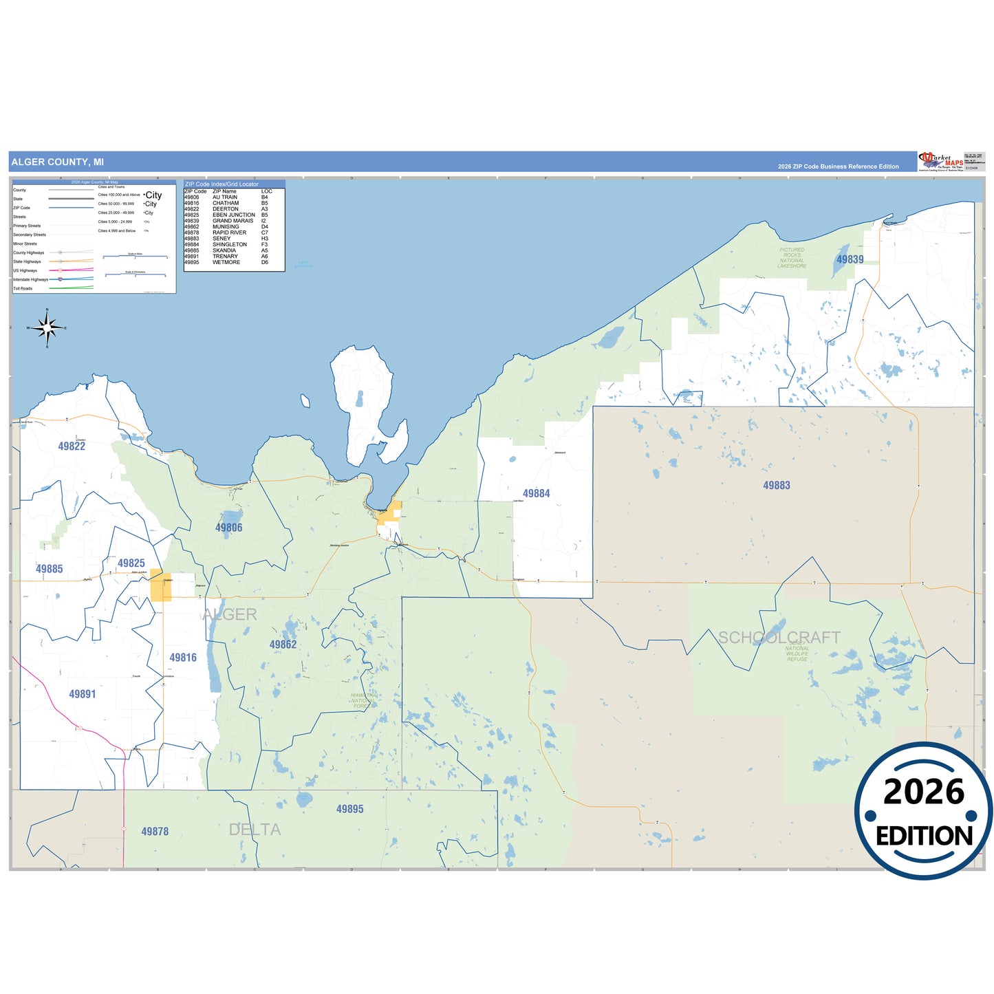 Alger County, MI Business Reference 5 Digit ZIP Code Wall Map