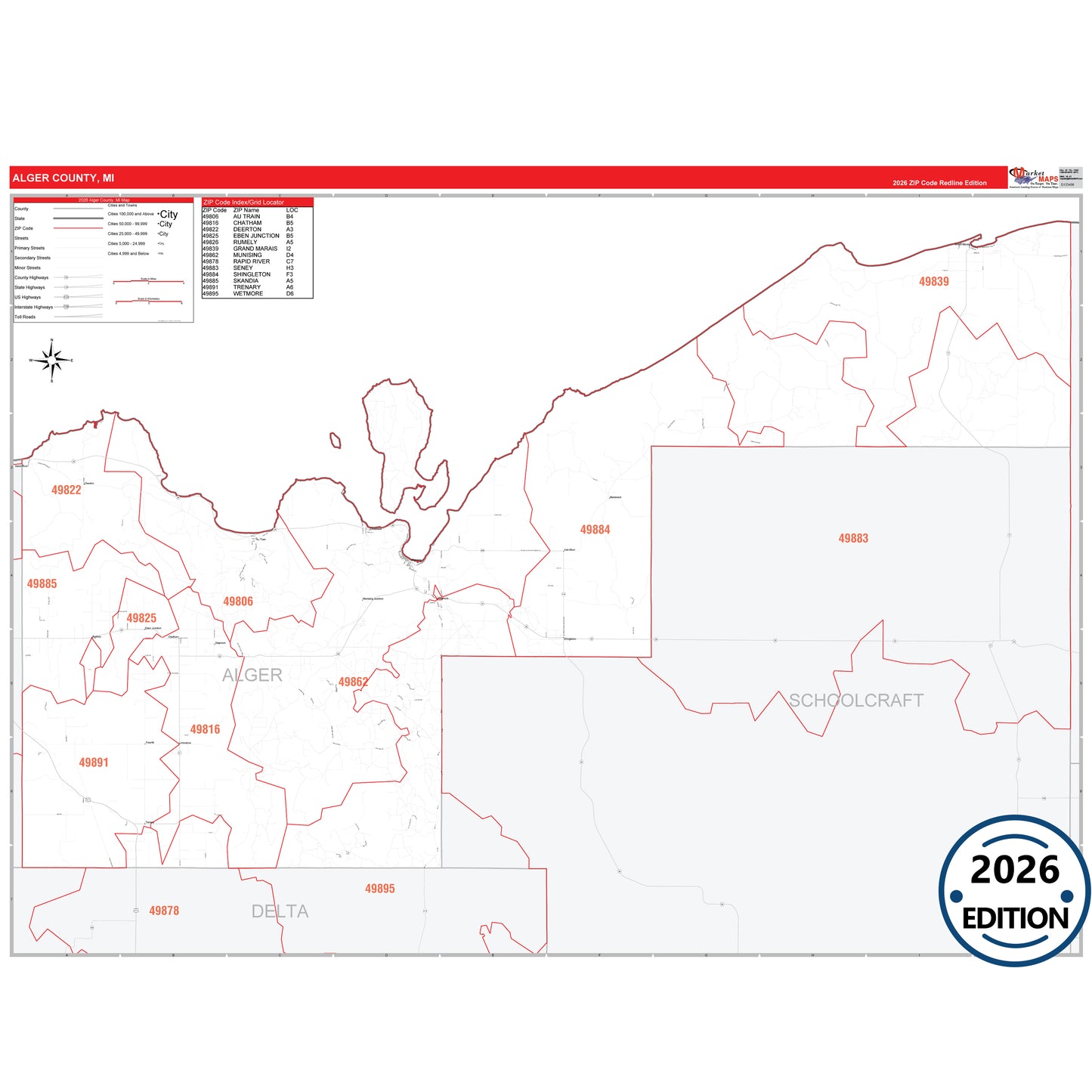 Alger County, MI Red Line 5 Digit ZIP Code Wall Map