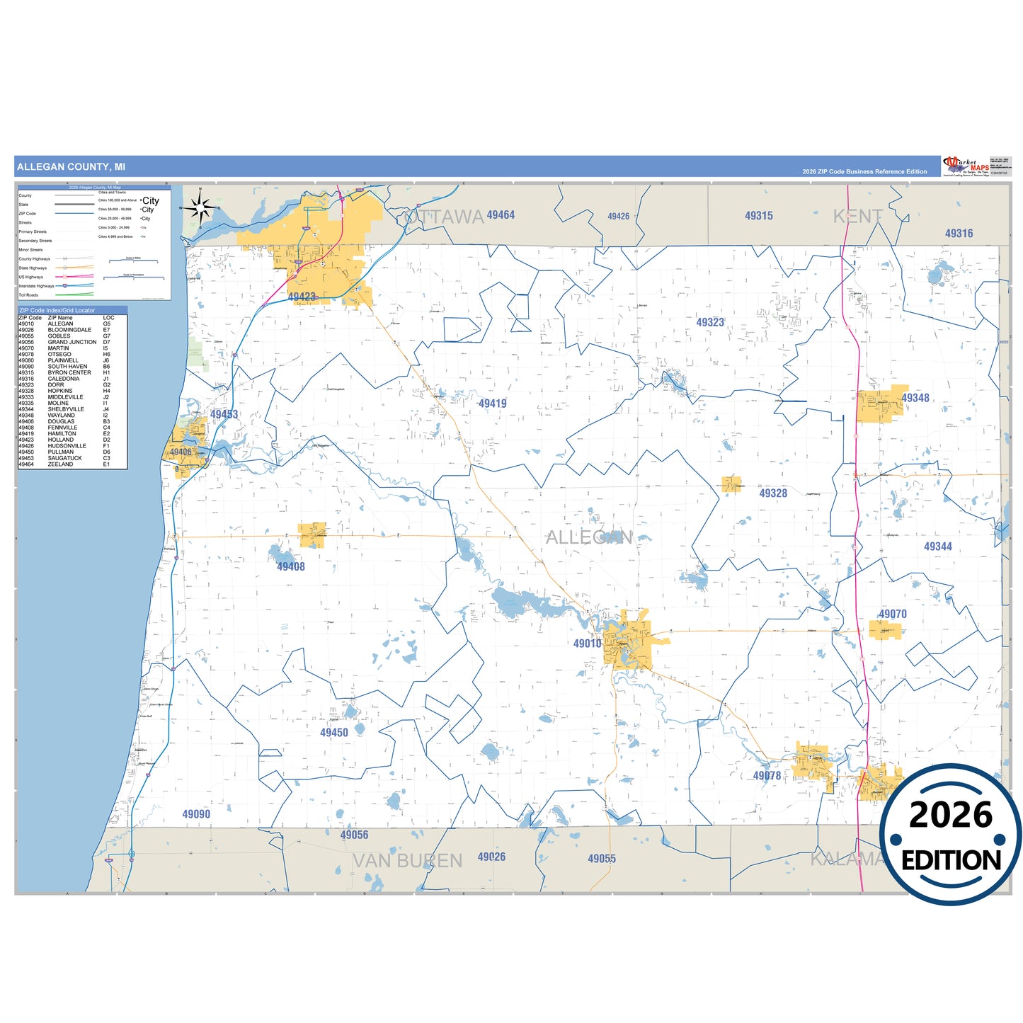 Allegan County, MI Business Reference 5 Digit ZIP Code Wall Map