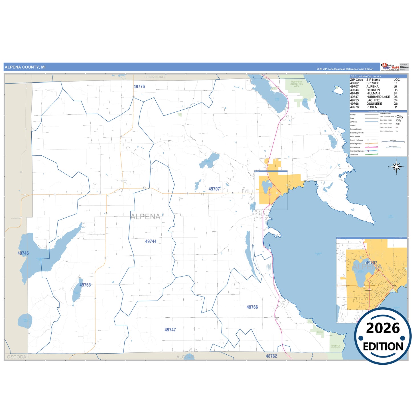 Alpena County, MI Business Reference 5 Digit ZIP Code Wall Map