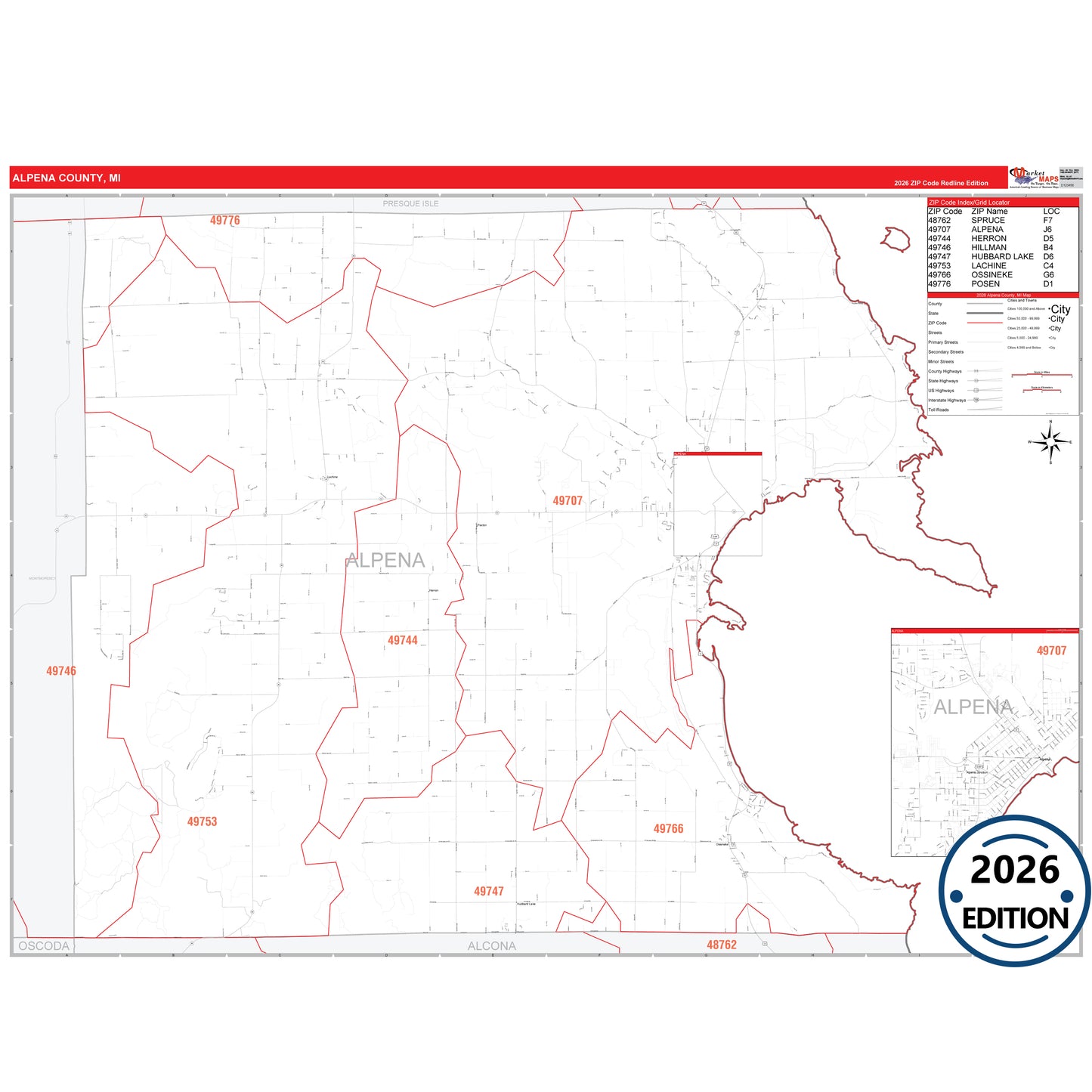 Alpena County, MI Red Line 5 Digit ZIP Code Wall Map