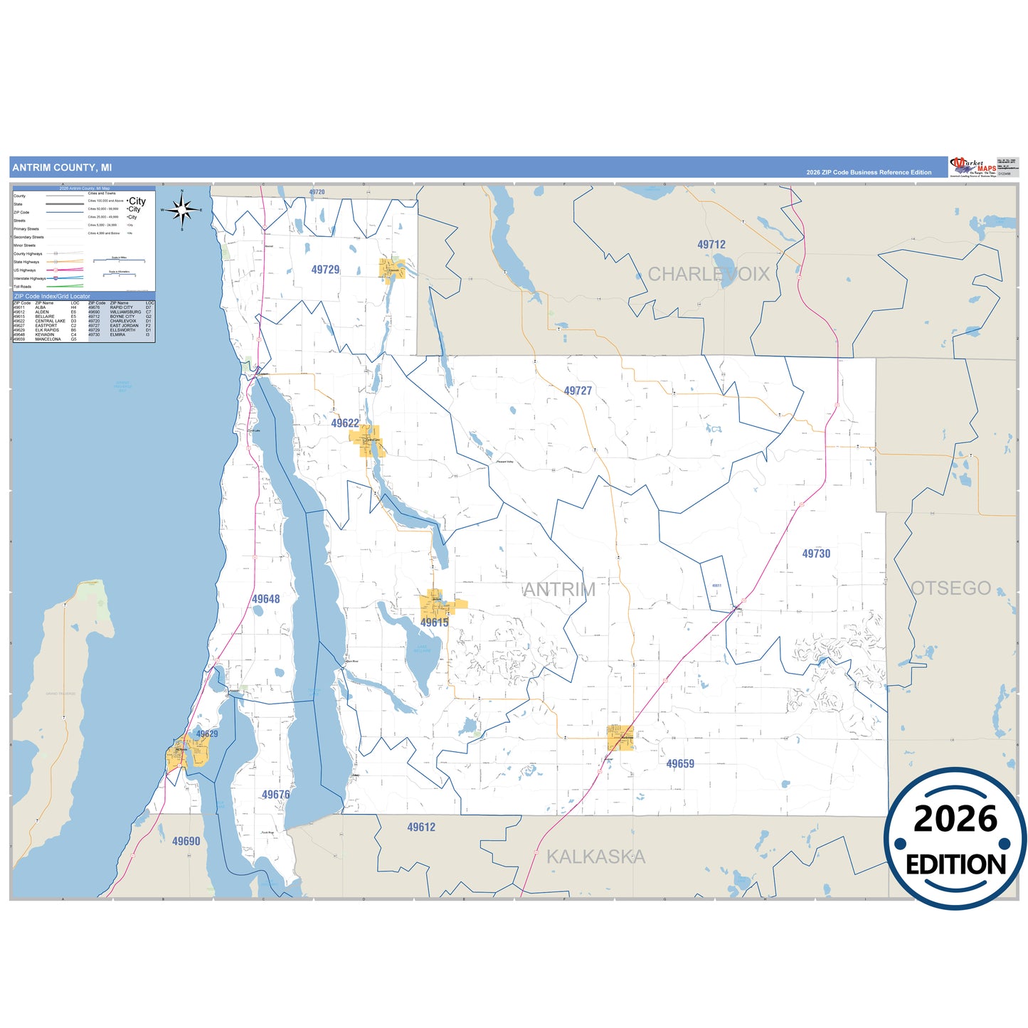 Antrim County, MI Business Reference 5 Digit ZIP Code Wall Map