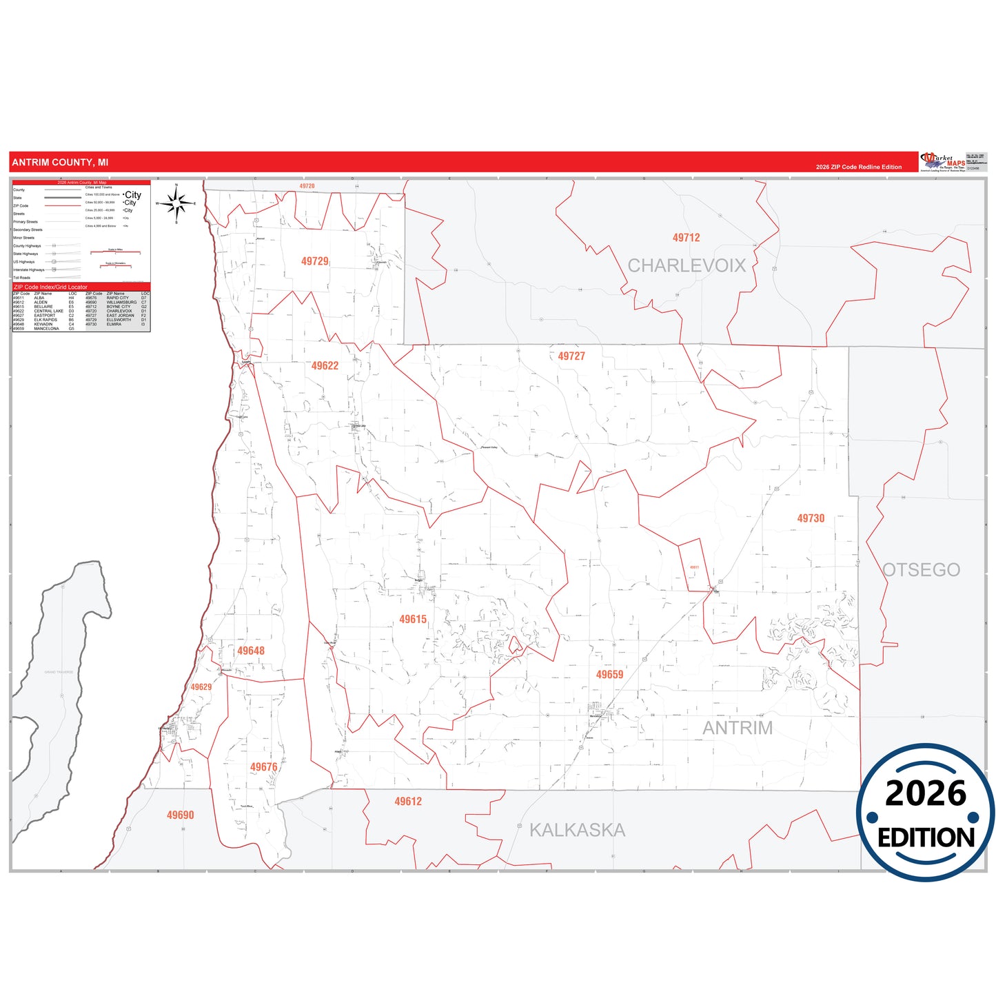 Antrim County, MI Red Line 5 Digit ZIP Code Wall Map
