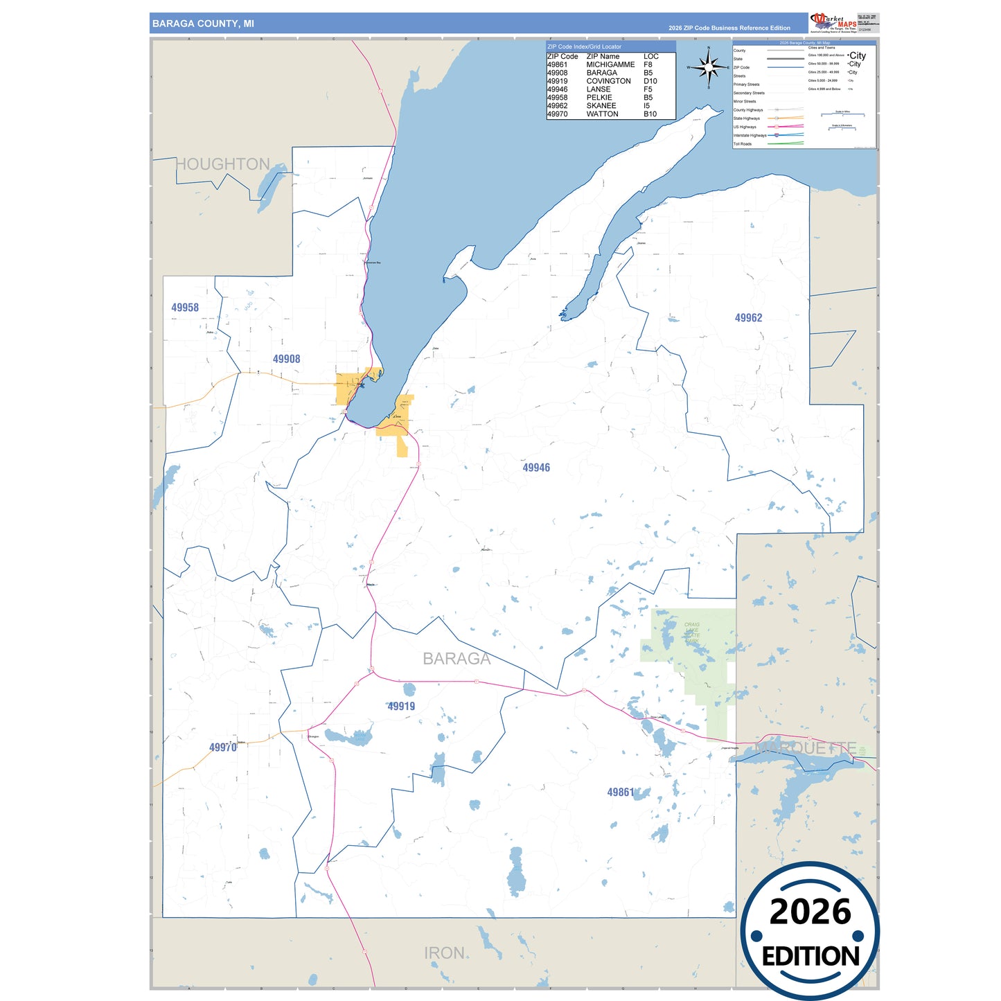 Baraga County, MI Business Reference 5 Digit ZIP Code Wall Map