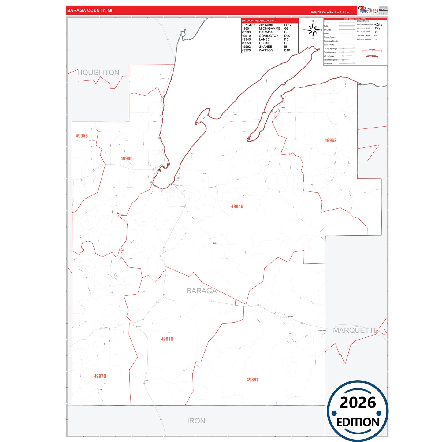 Baraga County, MI Red Line 5 Digit ZIP Code Wall Map
