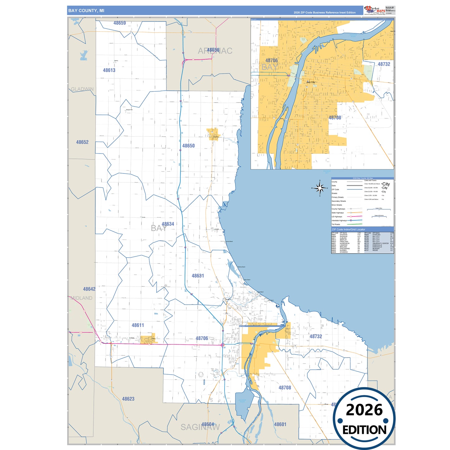 Bay County, MI Business Reference 5 Digit ZIP Code Wall Map