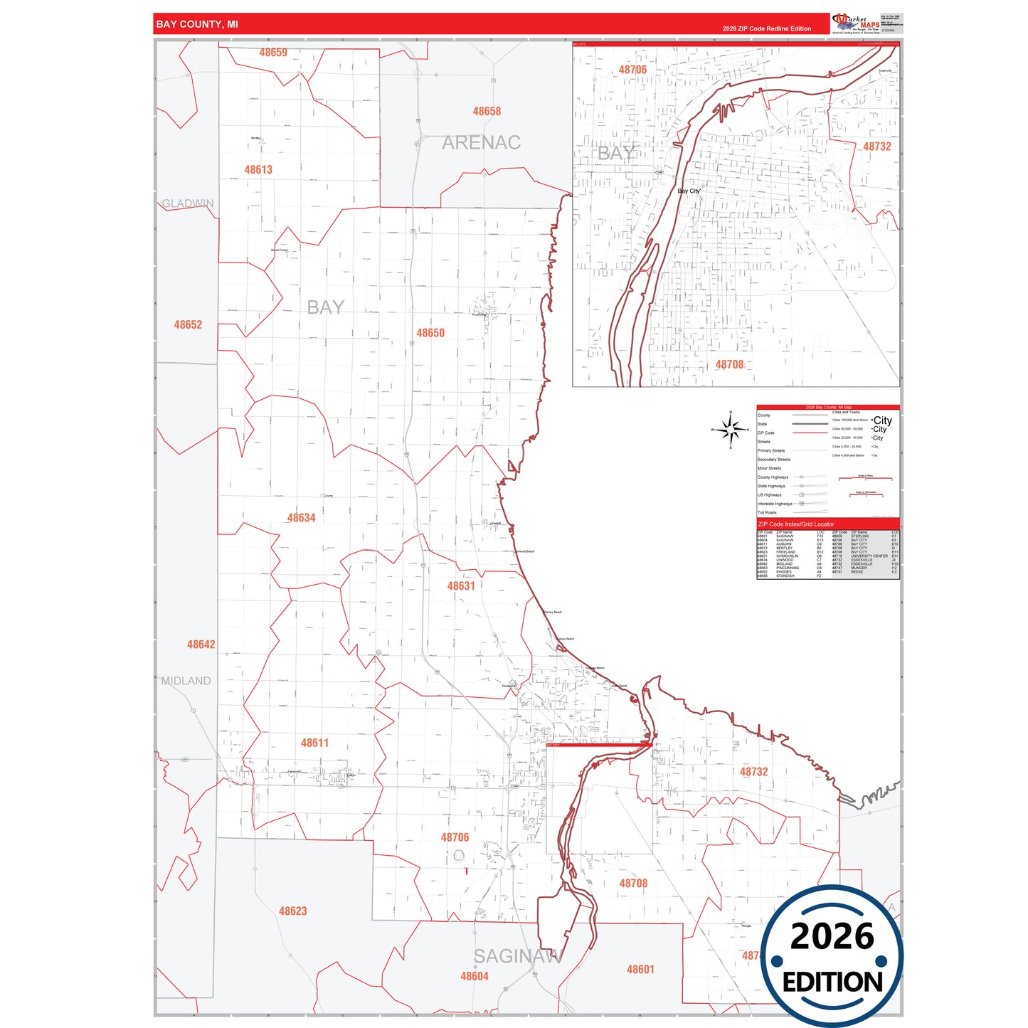 Bay County, MI Red Line map with detailed roads, cities, and ZIP code boundaries.