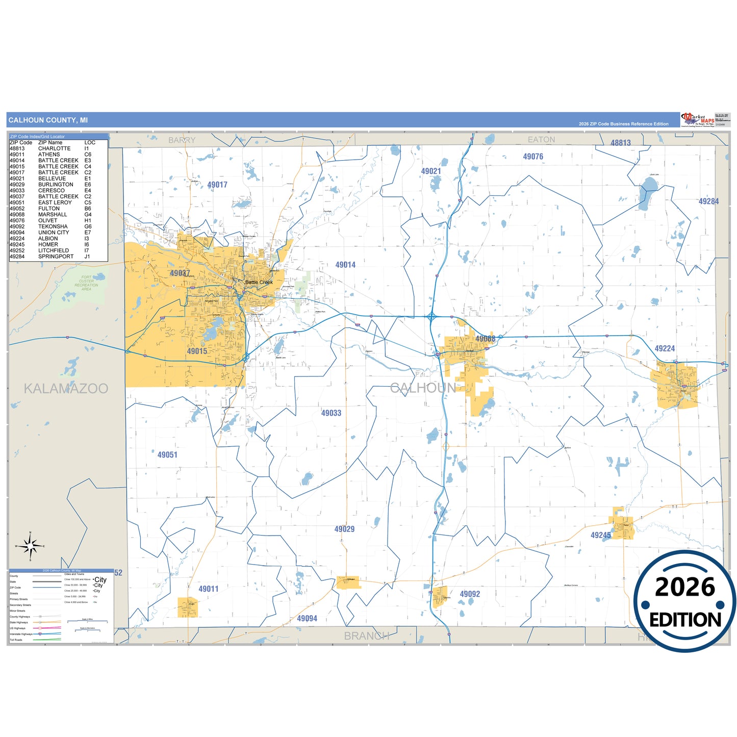 Calhoun County, MI Business Reference 5 Digit ZIP Code Wall Map