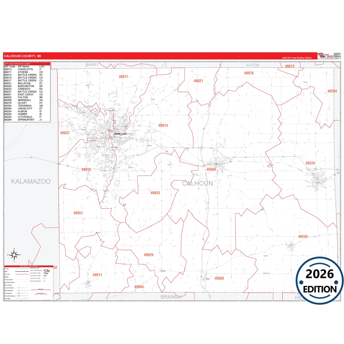 Calhoun County, MI Red Line 5 Digit ZIP Code Wall Map
