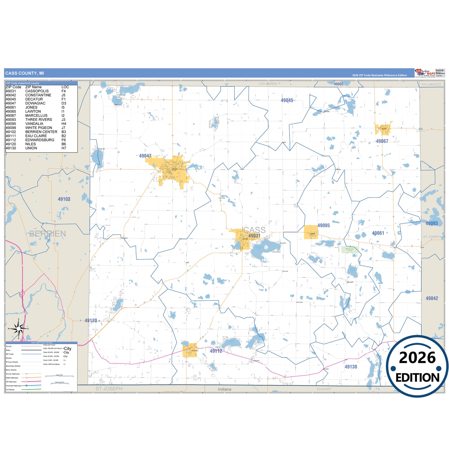 Cass County, MI Business Reference 5 Digit ZIP Code Wall Map