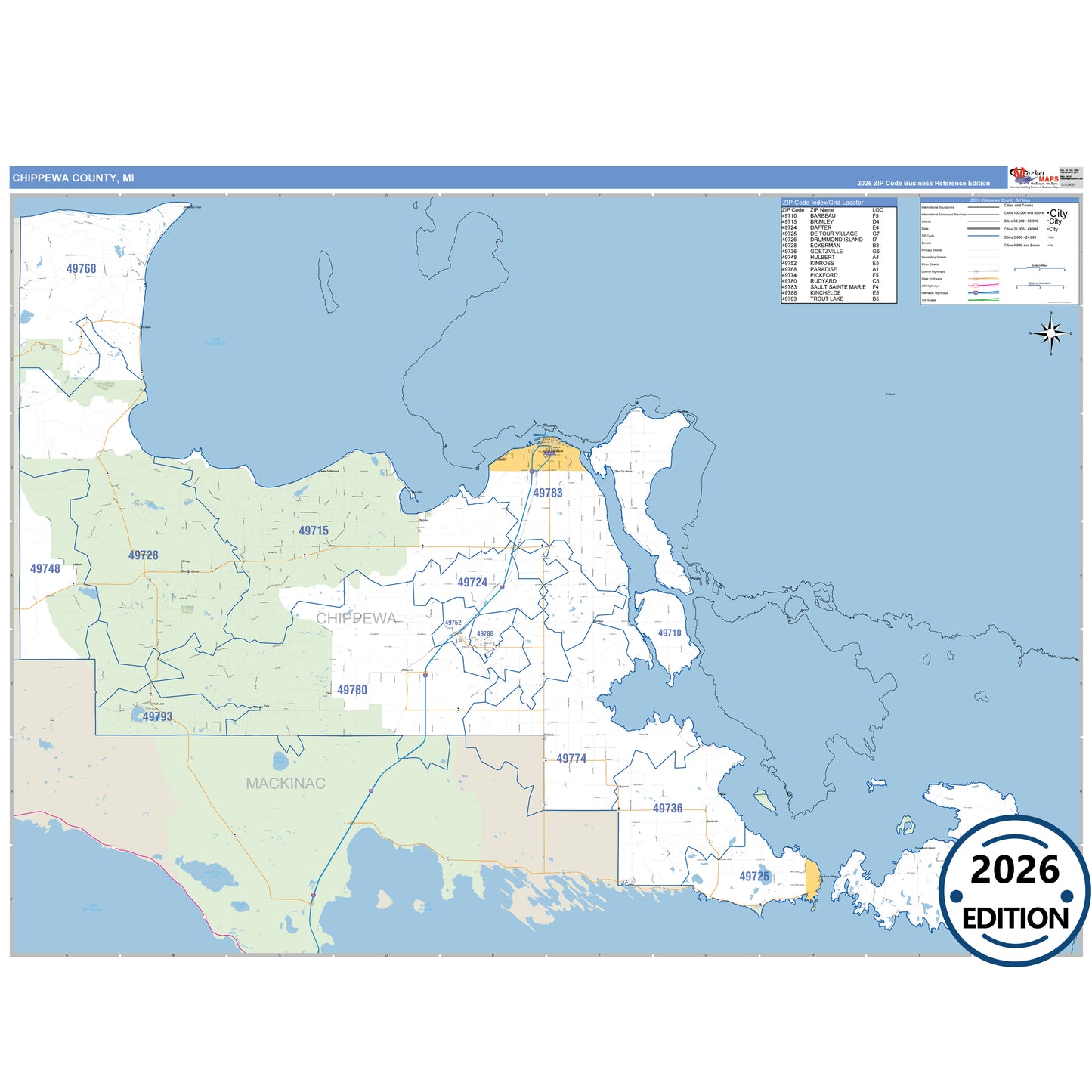 Chippewa County, MI Business Reference 5 Digit ZIP Code Wall Map