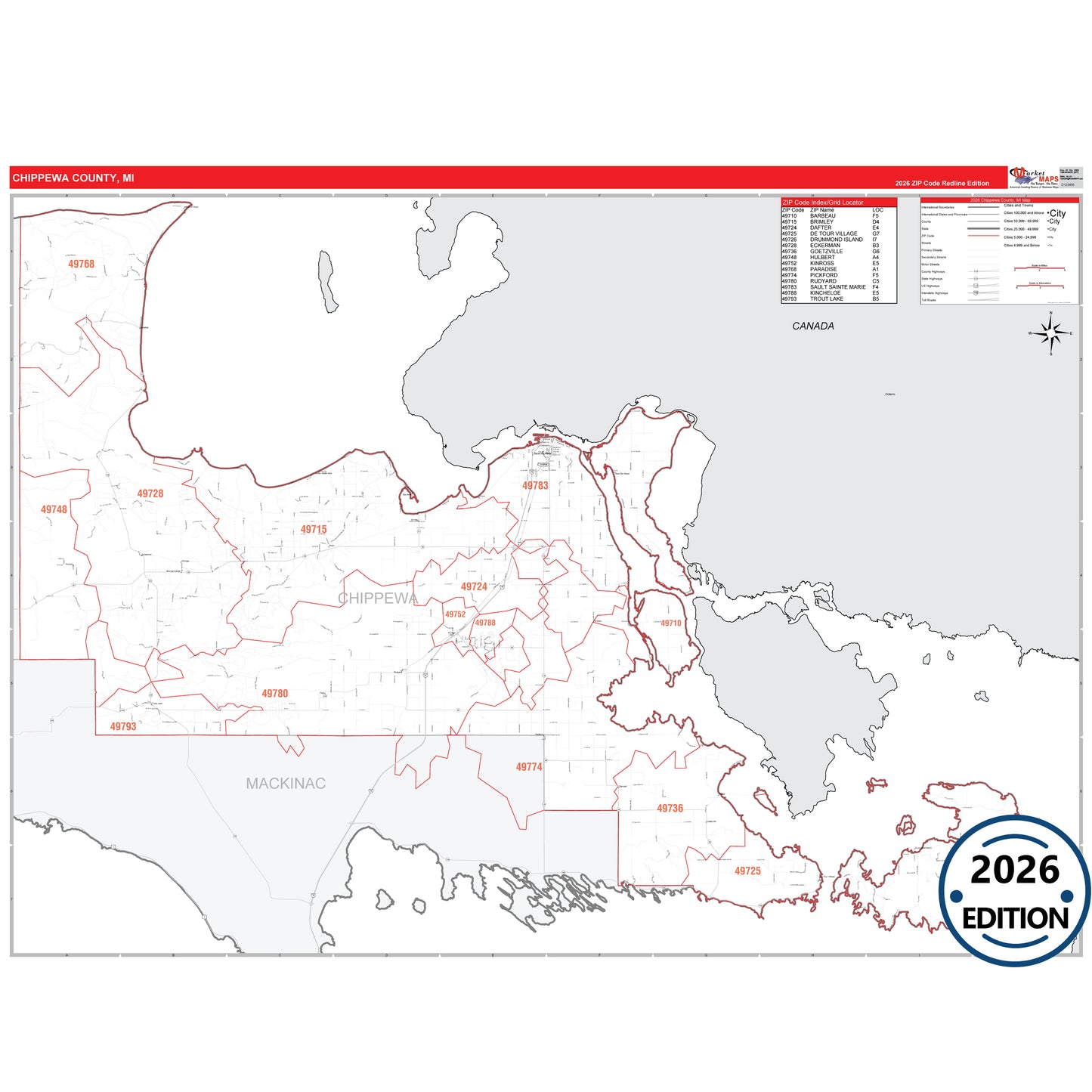 Chippewa County, MI Red Line 5 Digit ZIP Code Wall Map