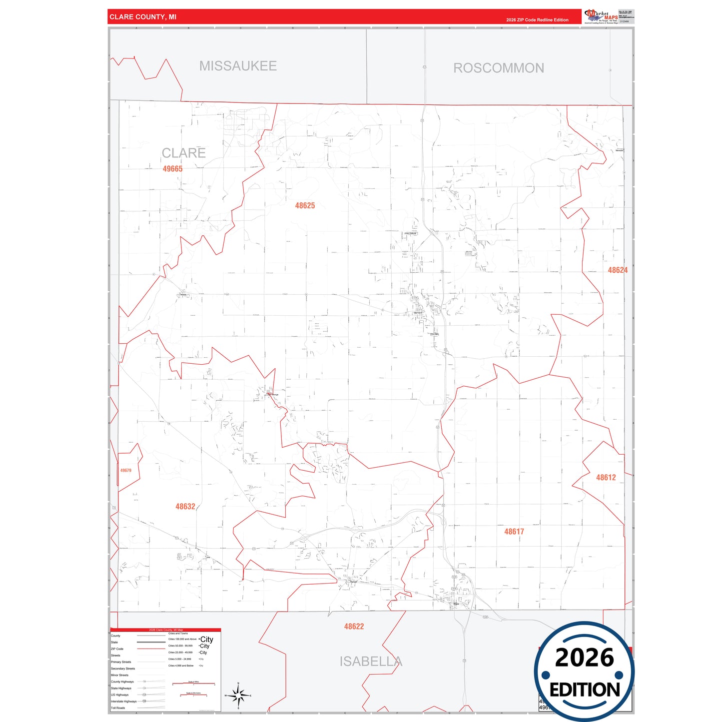 Clare County, MI Red Line map with detailed roads, cities, and ZIP code boundaries.